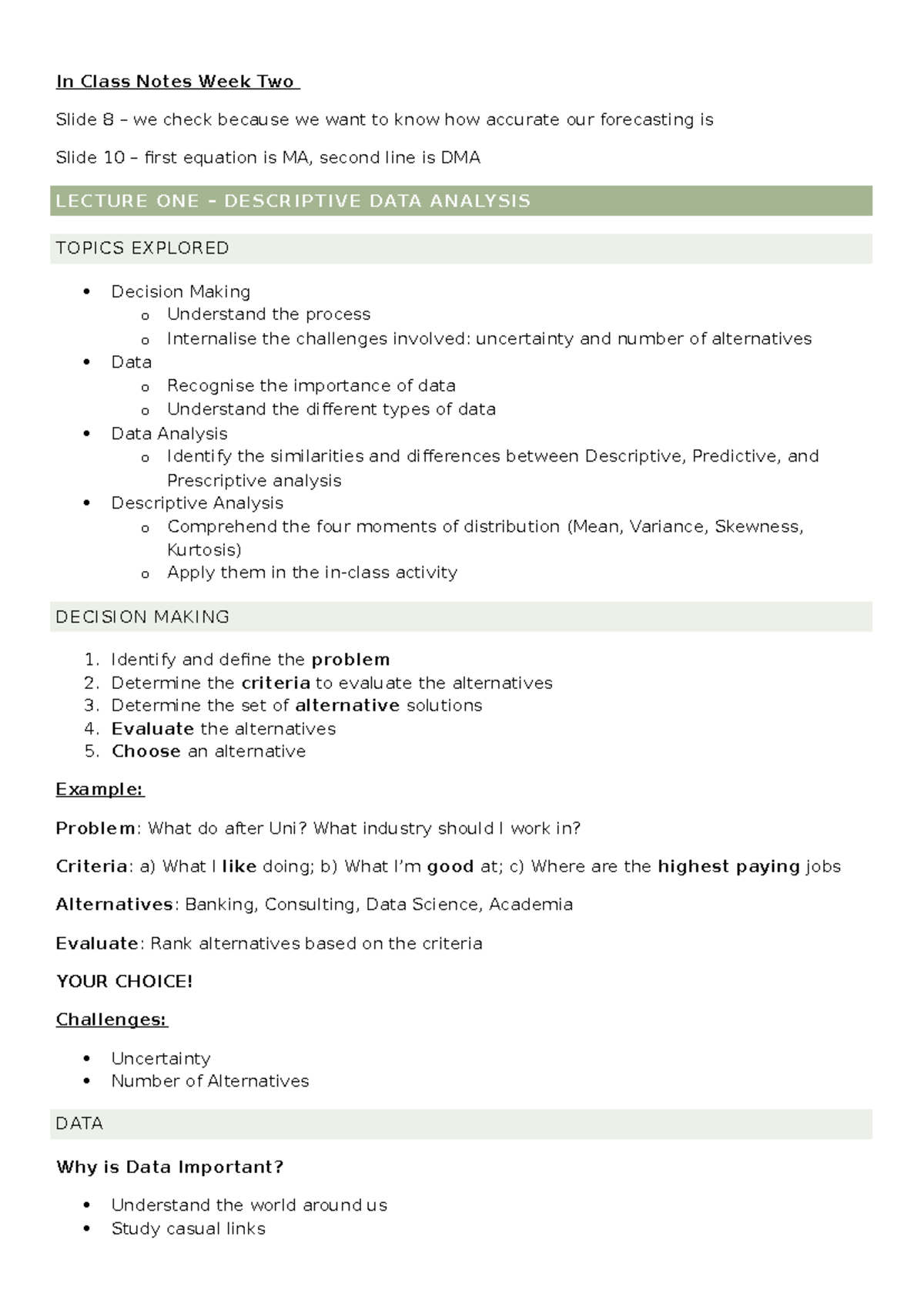 Lecture 3 Notes: Descriptive Data Analysis & Decision Making - Studocu