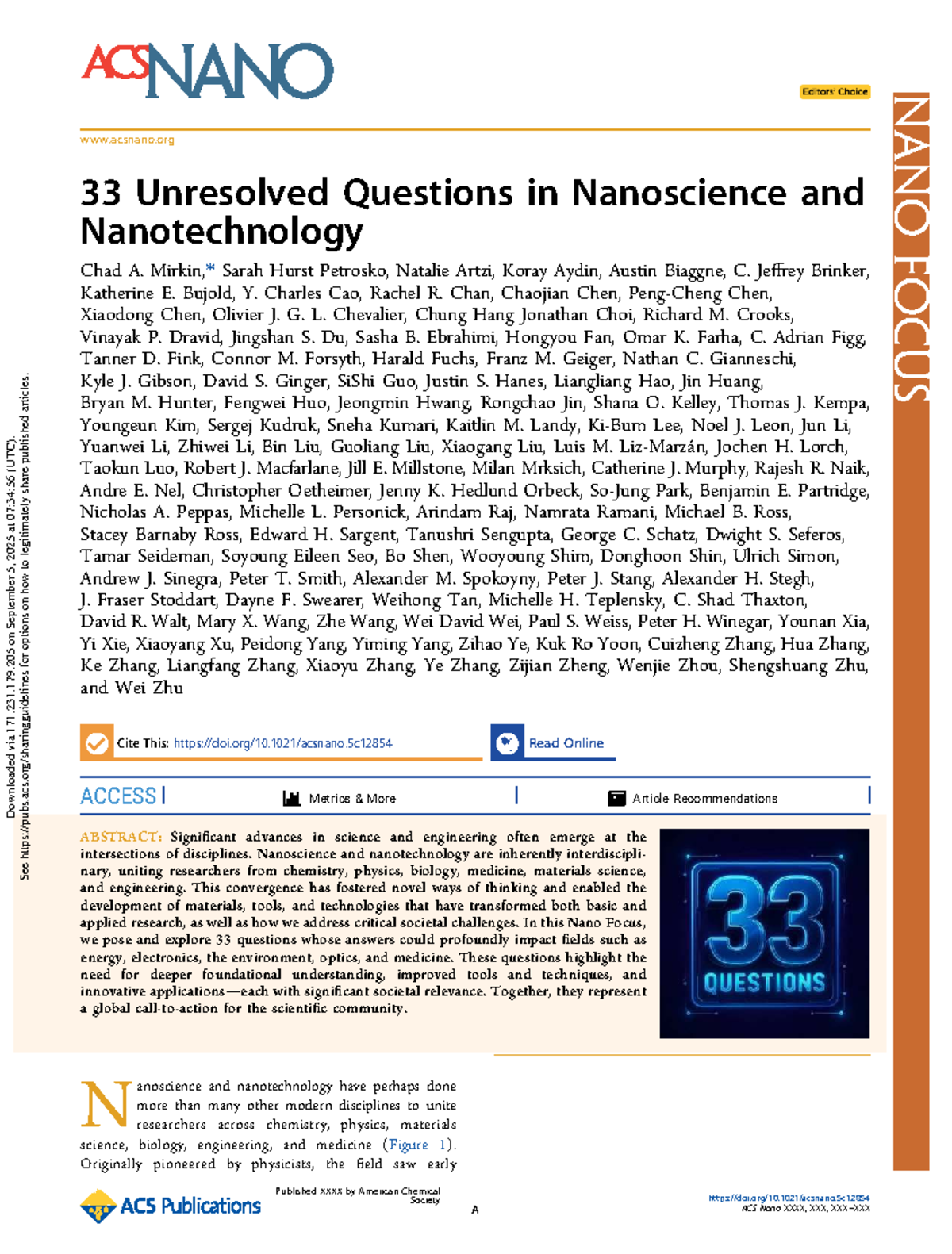 ACS Nano Focus: 33 Unresolved Questions in Nanoscience and Nanotechnology -  Studocu