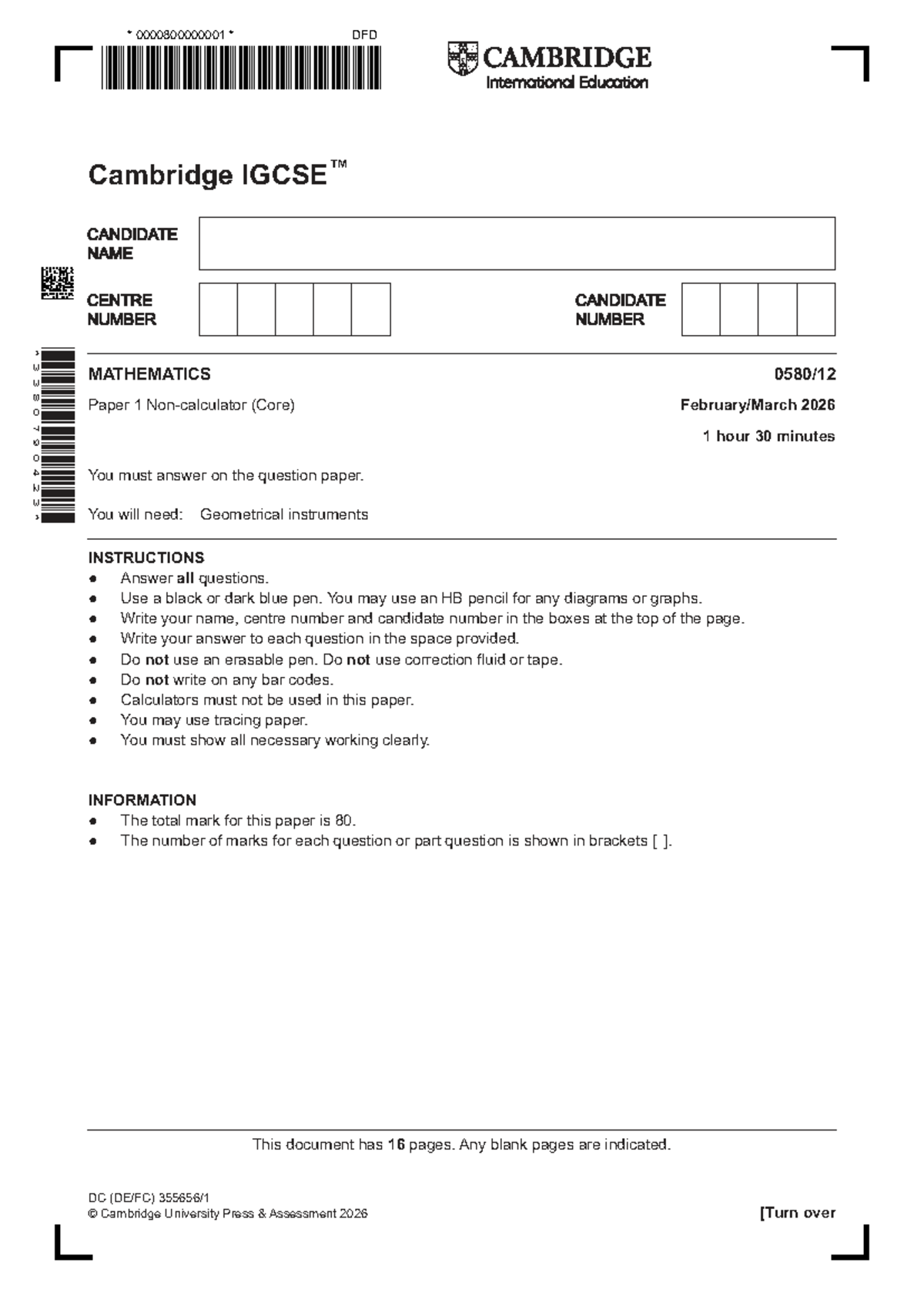 DFD 0580 Mathematics Paper 1 (Core) 2026 - 1 Hour 30 Minutes - Studocu