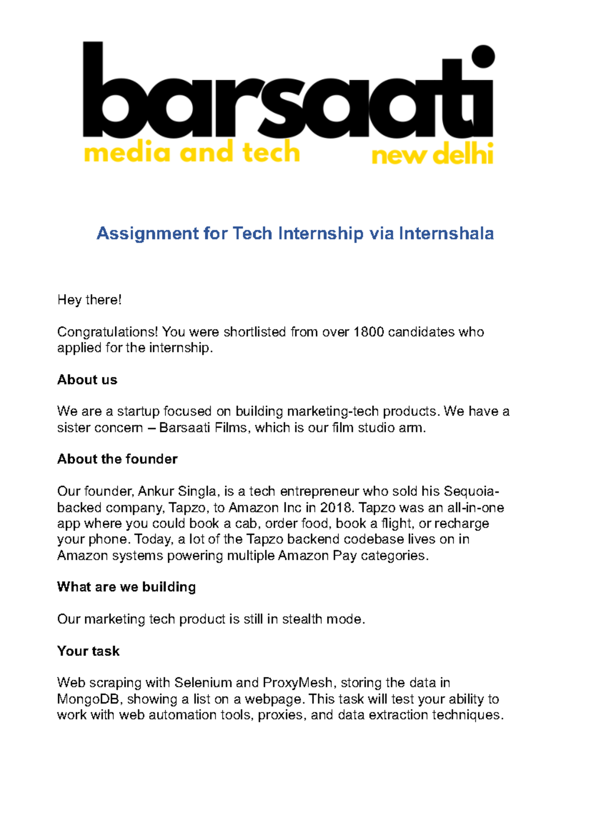 Barsaati Media - Tech internship task - Assignment for Tech Internship ...