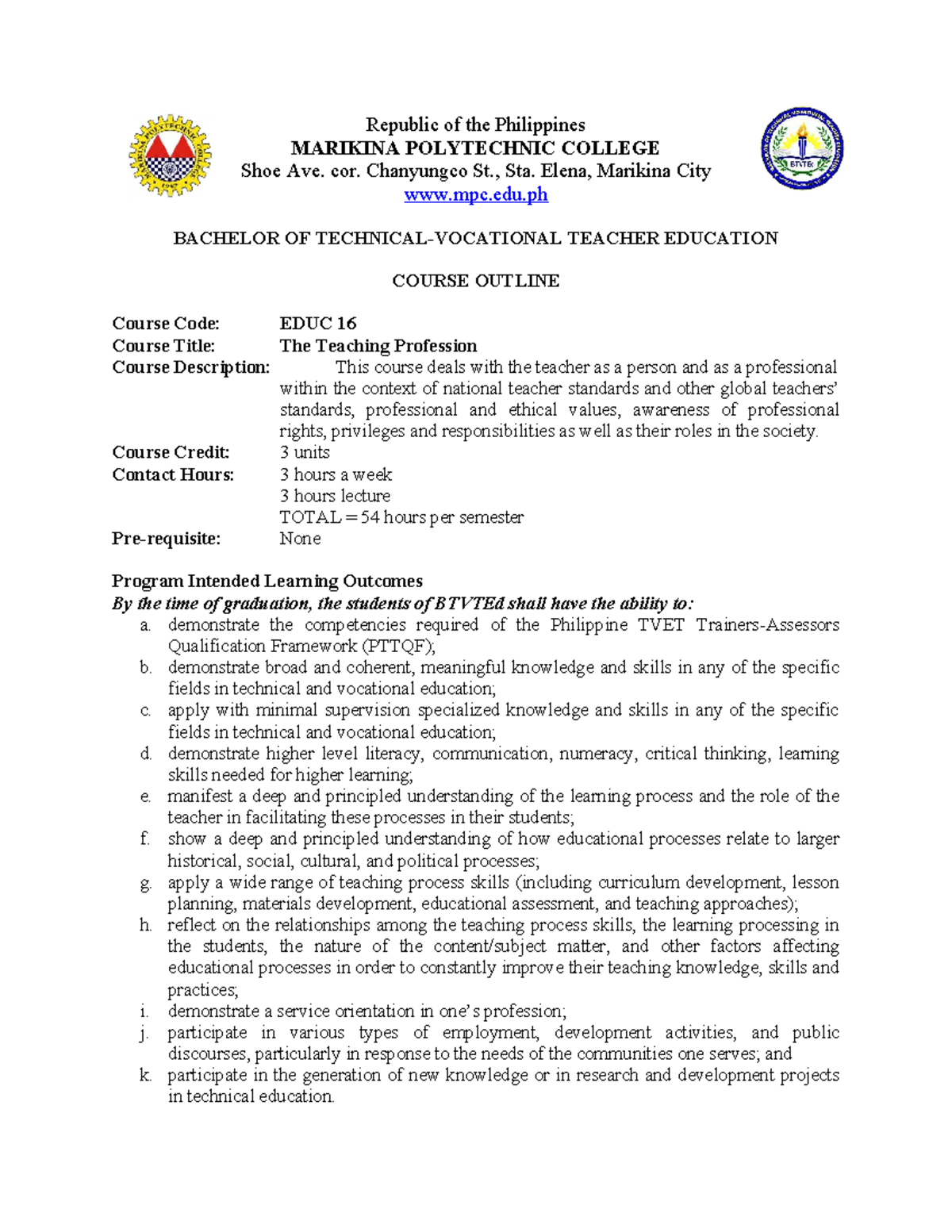 EDUC 16: The Teaching Profession Course Outline and Final Exam Guide ...