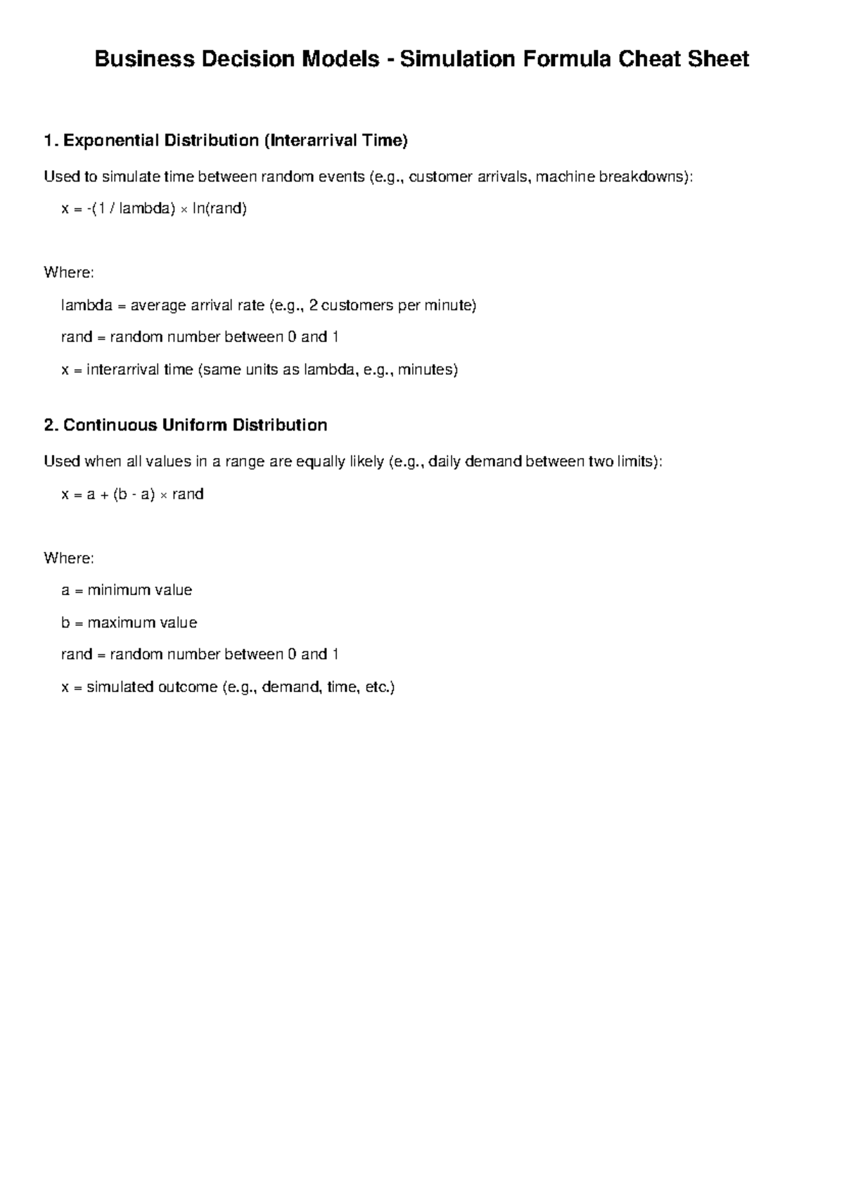 Simulation Formula Cheat Sheet - Exponential Distribution (Interarrival ...