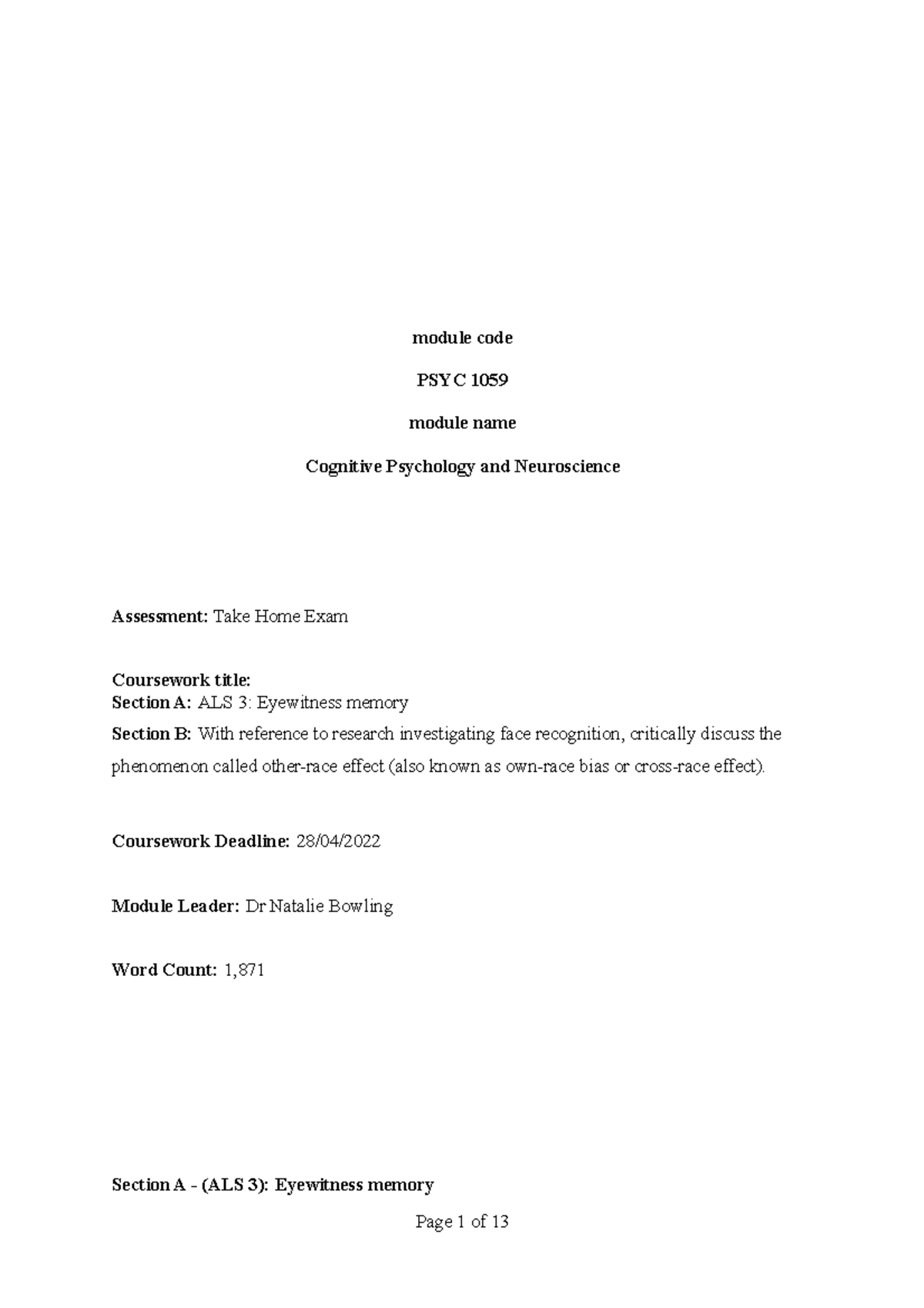 Cognitive Psychology - module code PSYC 1059 module name Cognitive ...