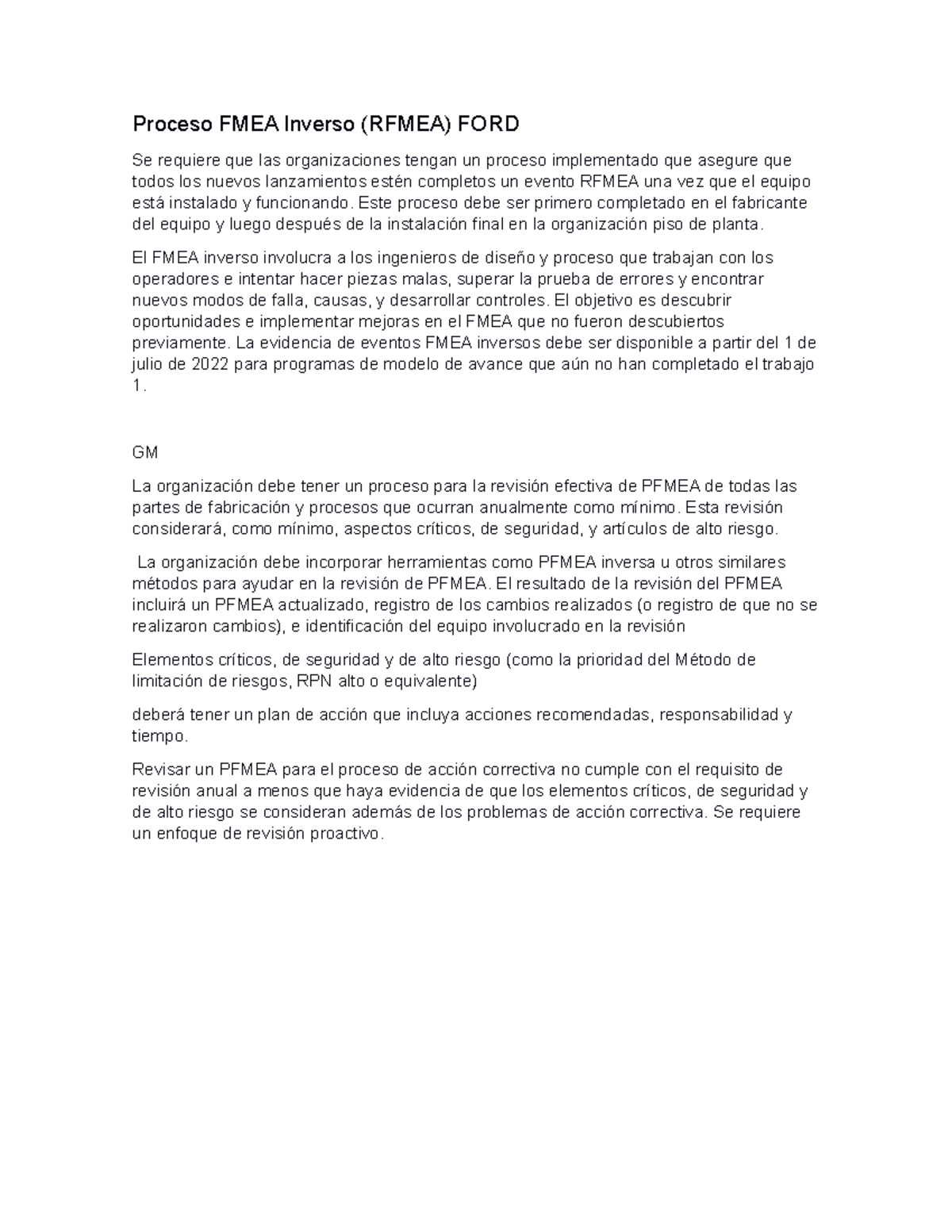 Actualización del Proceso RFMEA y AMEF Inverso en Ford y GM - Studocu