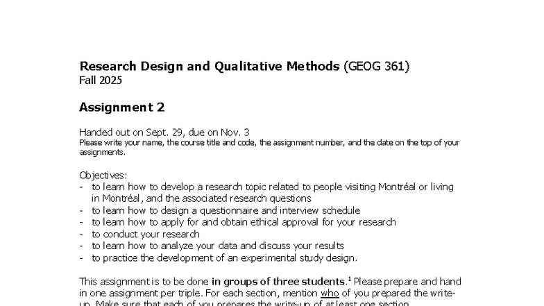 Assignment 2: Research Design & Qualitative Methods (GEOG 361) - Studocu