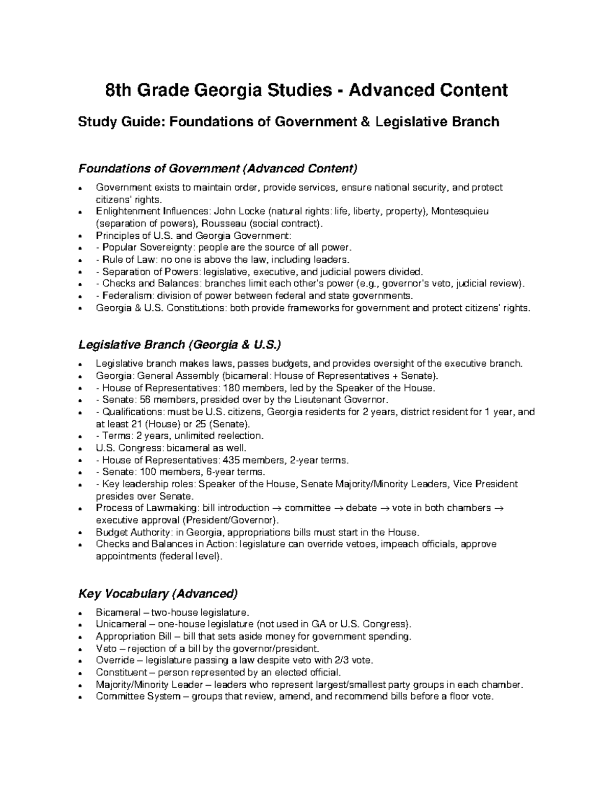8th Grade GA Studies AC Study Guide: Foundations of Government - Studocu