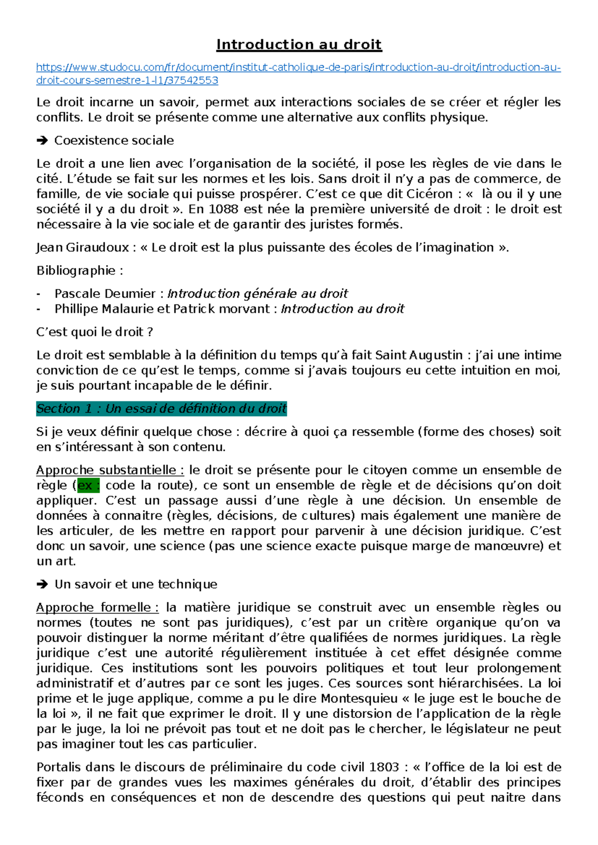 Introduction au Droit - Cours de Semestre 1 (L1) - Studocu