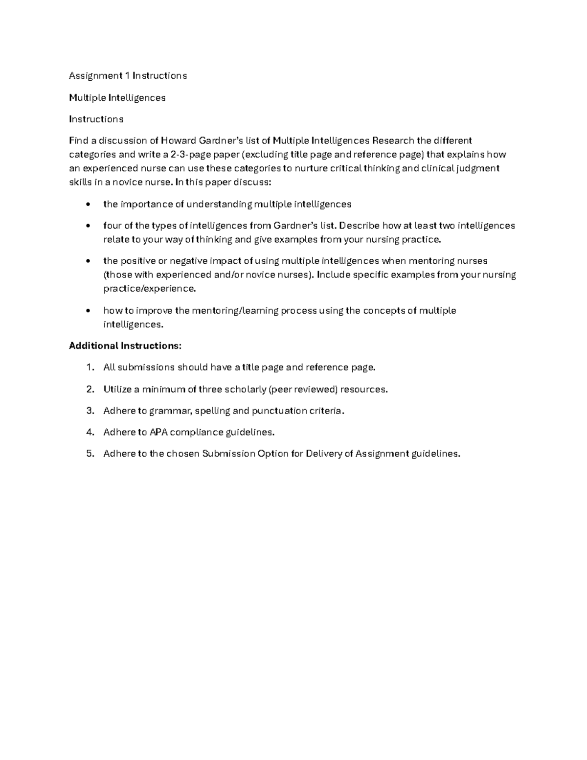 BSN 436 Assignment Descriptions: Multiple Intelligences & Critical ...