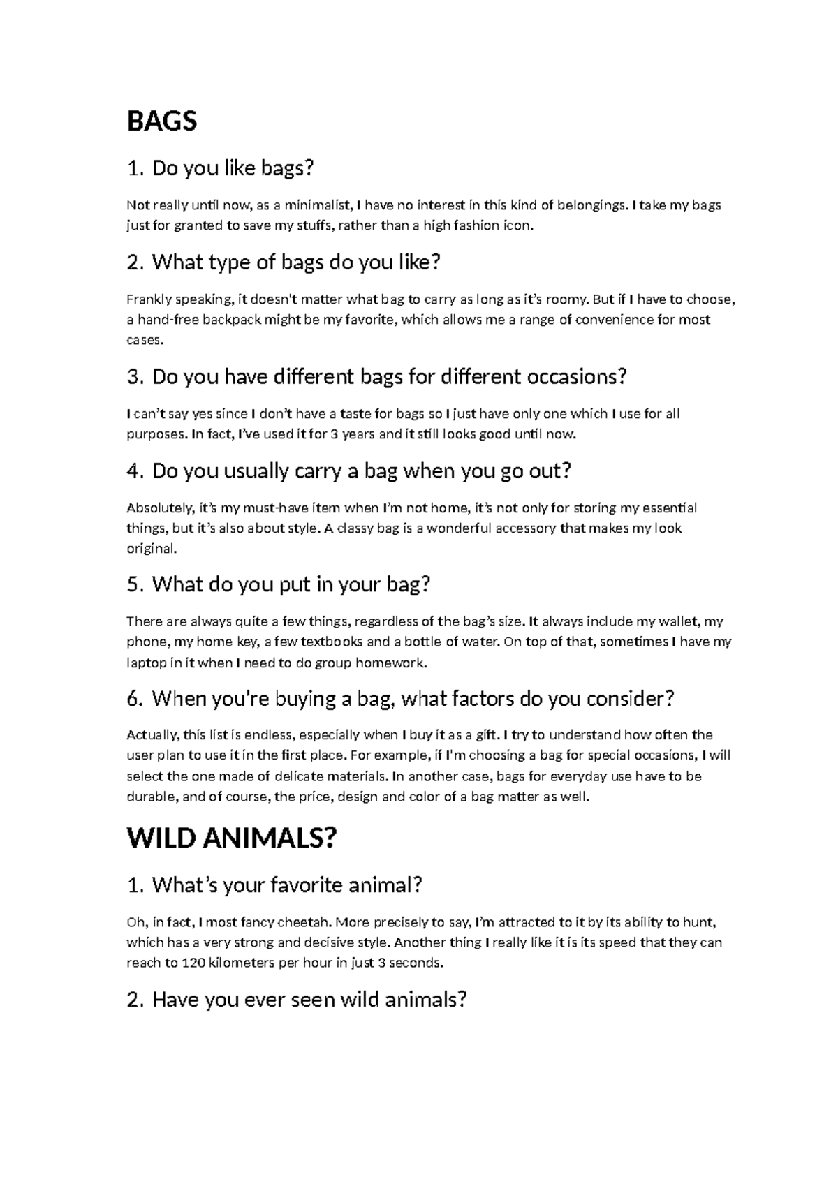 BAGS 1: Personal Insights on Bags and Wild Animals - Speaking P1 Topics ...