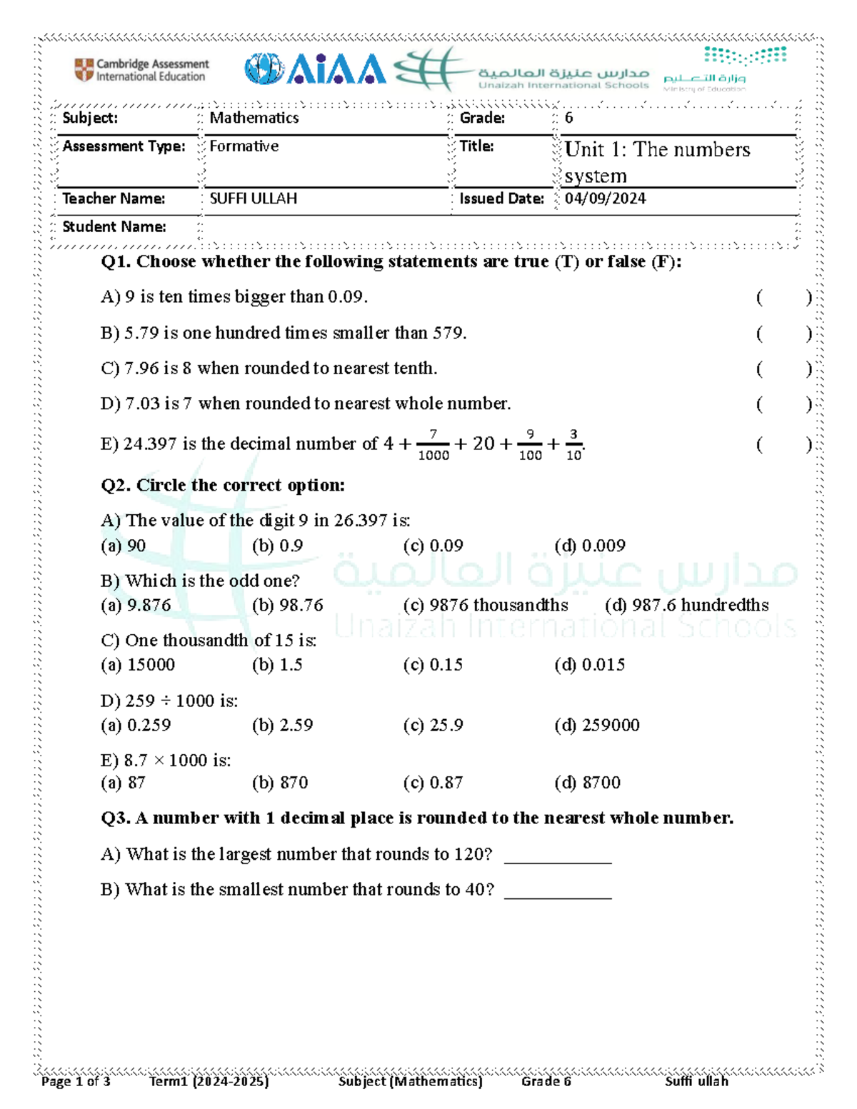 Unit 1 Worksheet - math unit 1 grade 6 - Page 1 of 3 Term1 (202 4 ...