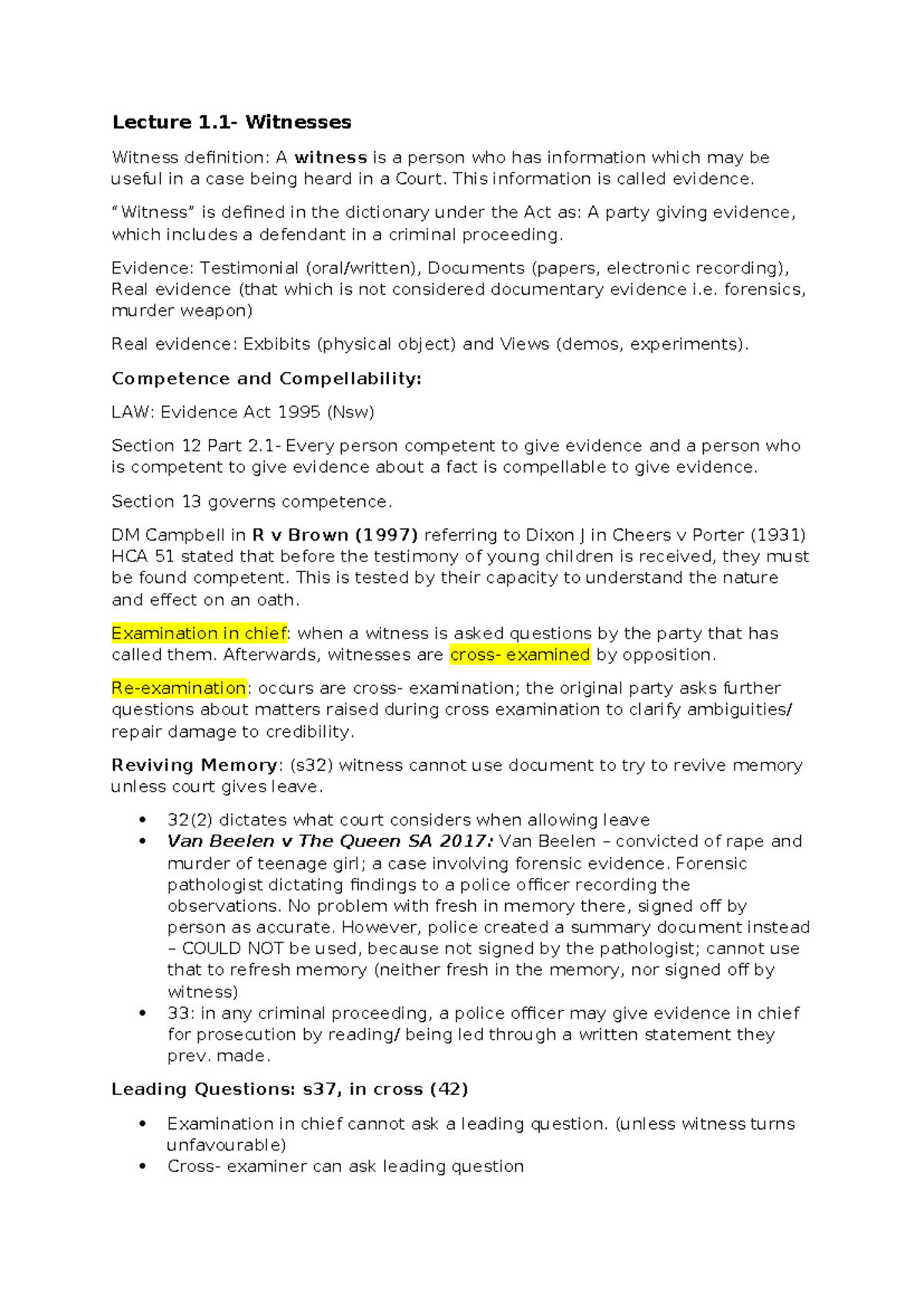 LAW313 Lecture Notes: Witnesses, Evidence, and Legal Principles - Studocu