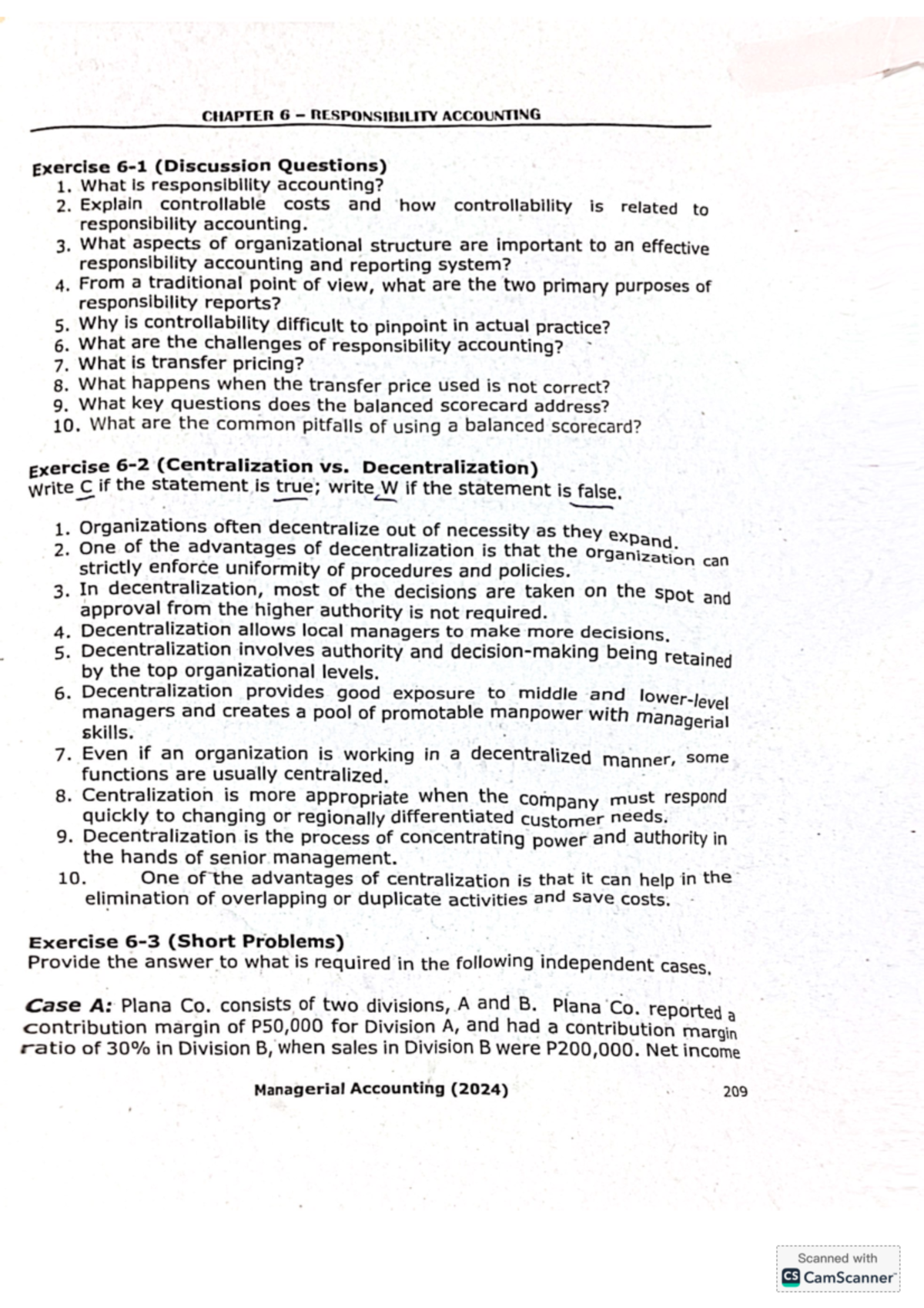 Managerial Accounting (2024): Chapter 6 Responsibility Accounting ...