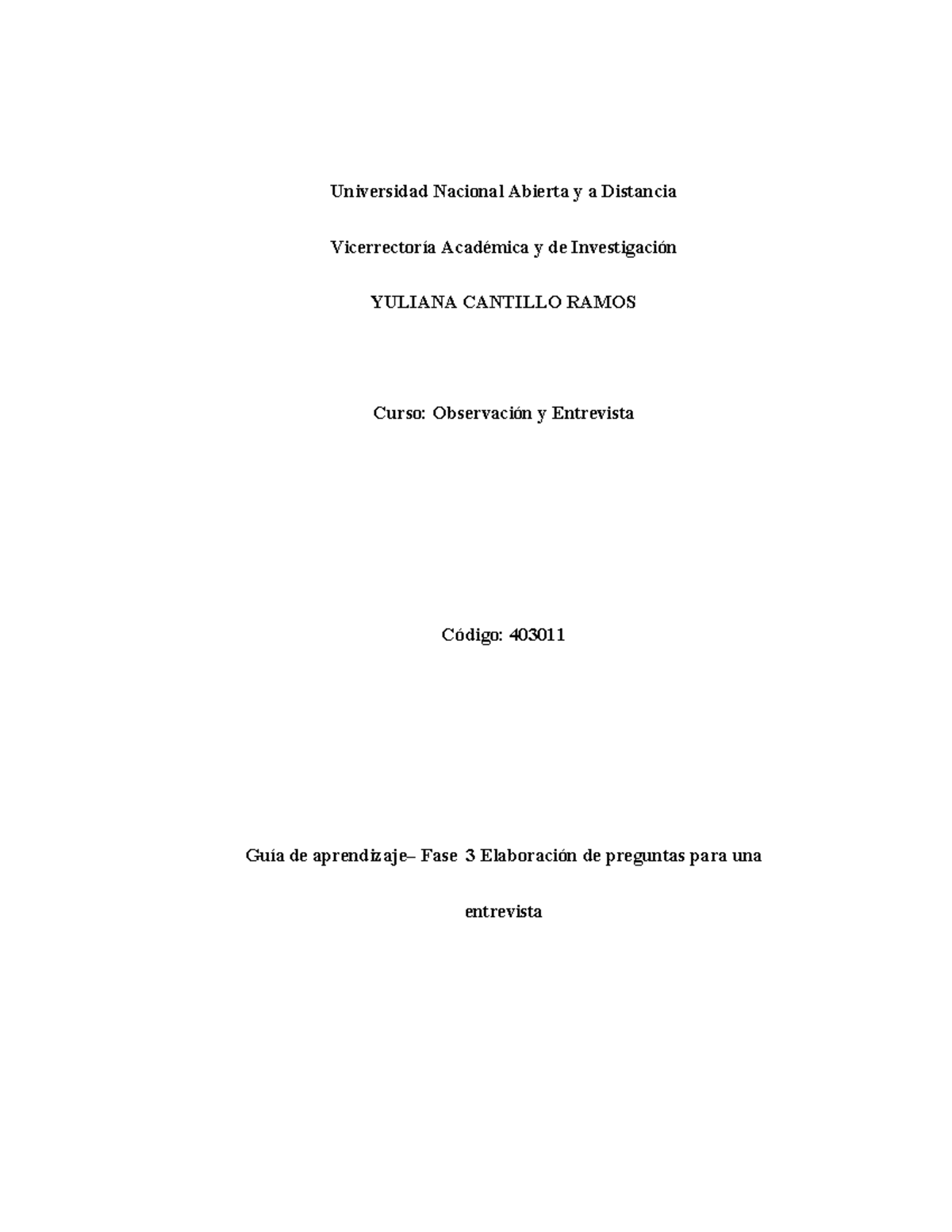 Guía de Fase 3: Preguntas para Entrevista en Psicología - 403011 - Studocu