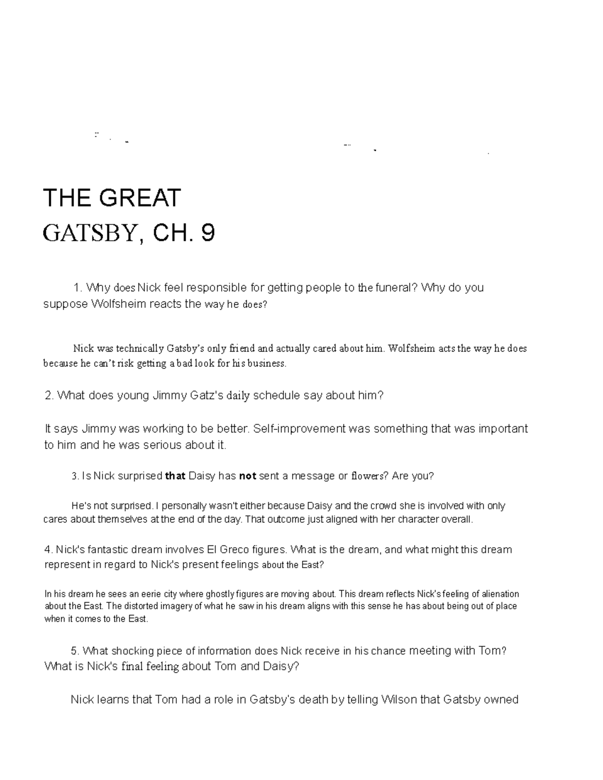 Great Gatsby CH. 9 Study Questions and Analysis - Studocu