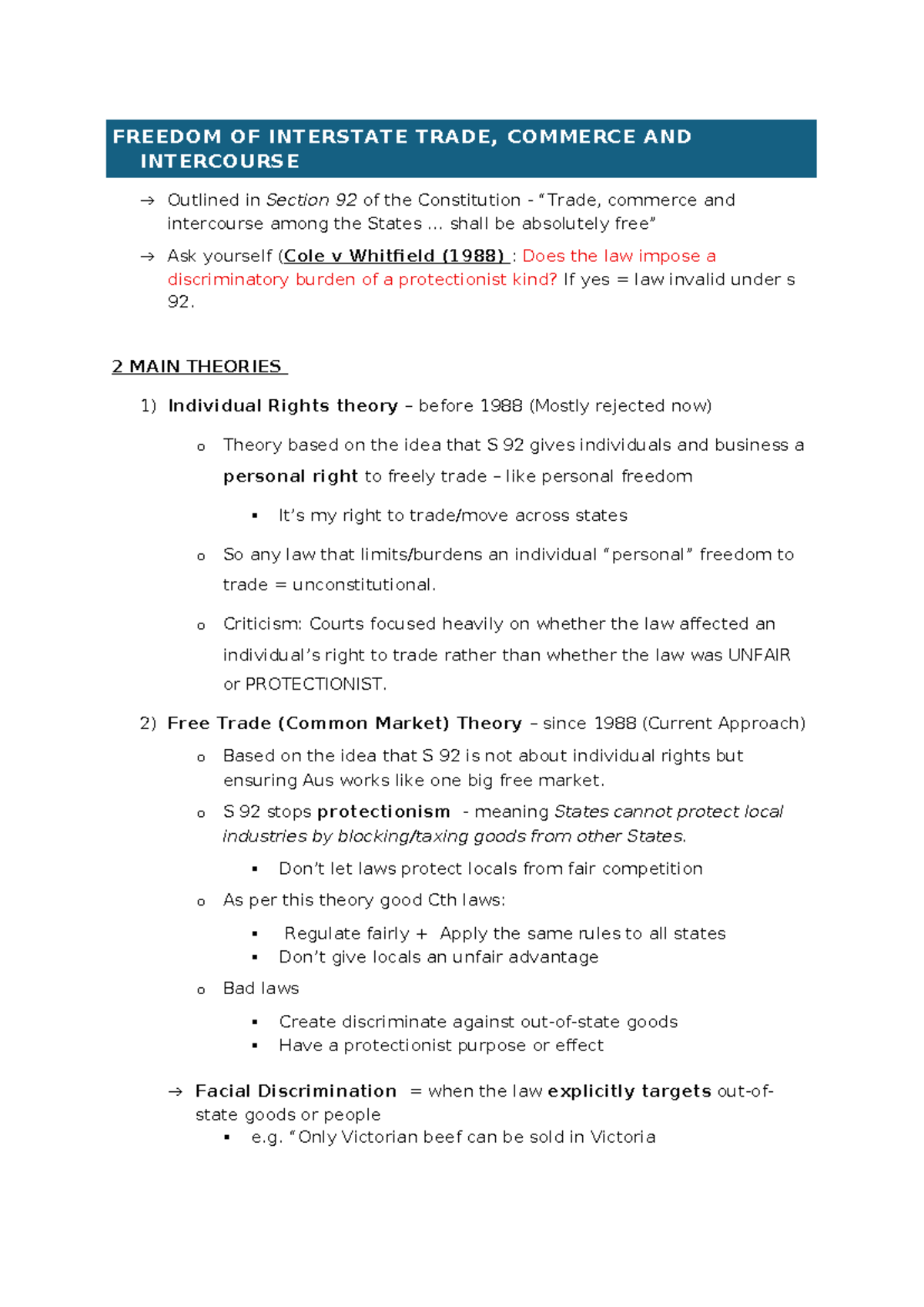 FREEDOM OF INTERSTATE TRADE: Analysis of Section 92 & Key Cases - Studocu