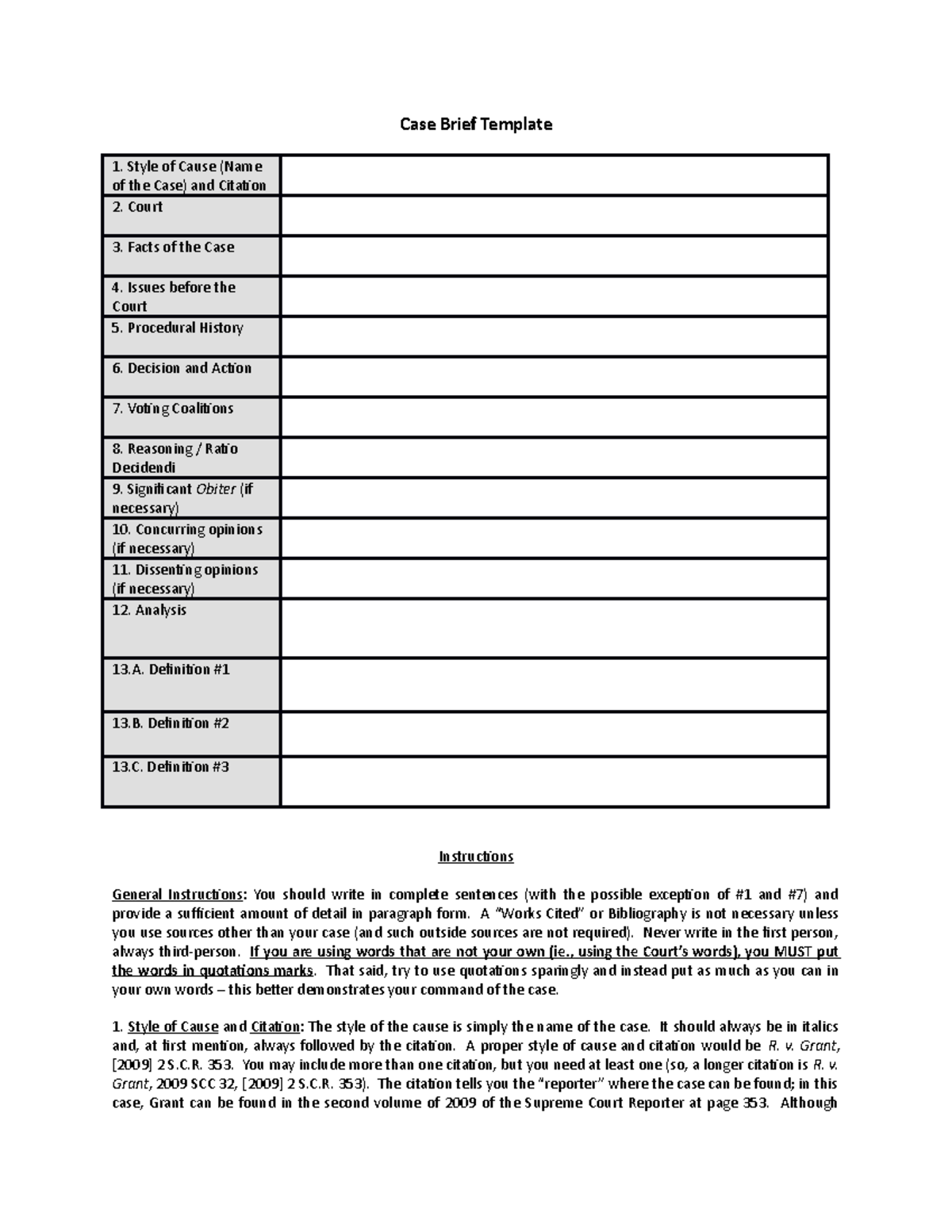 Case Brief Template 2350 F20 - Case Brief Template Style of Cause (Name ...