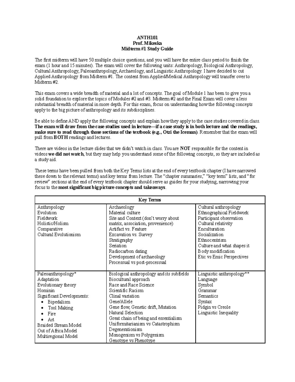 ANTH101 Midterm #1 Study Guide: Key Concepts & Hominin Evolution - Studocu