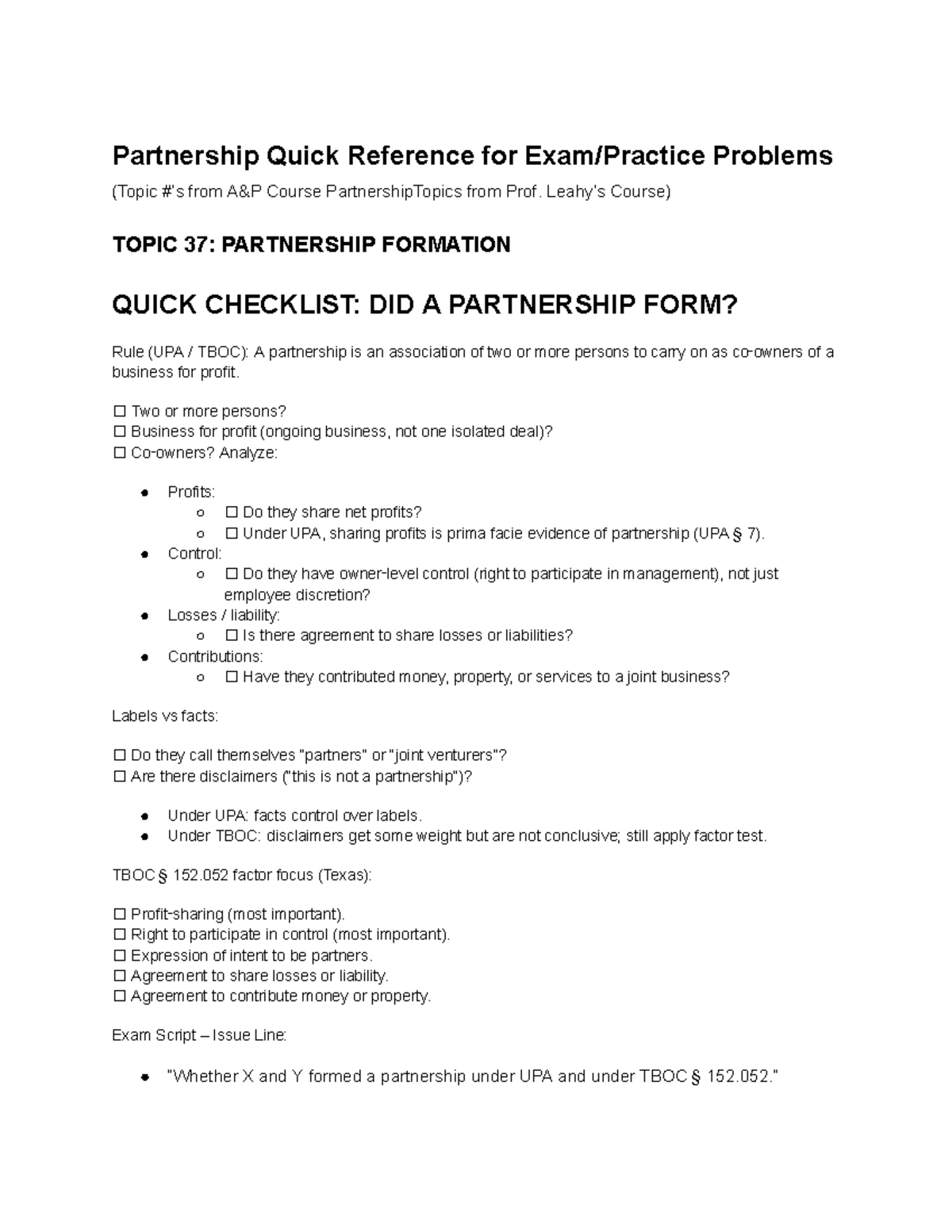 Partnership Checklists: Quick Reference for UPA & TBOC Topics - Studocu