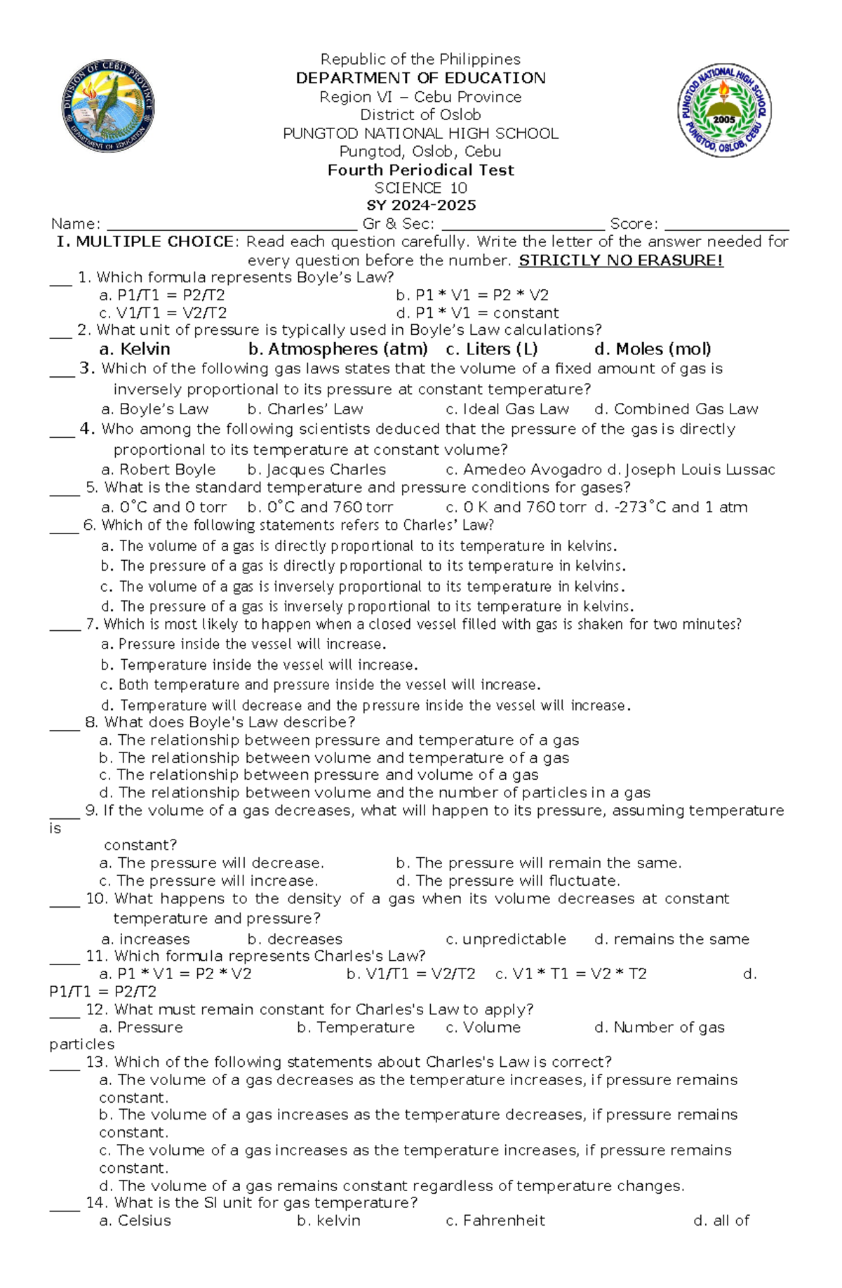 4th Sci10 - Fourth Periodical Test Review in Science 10 - Studocu