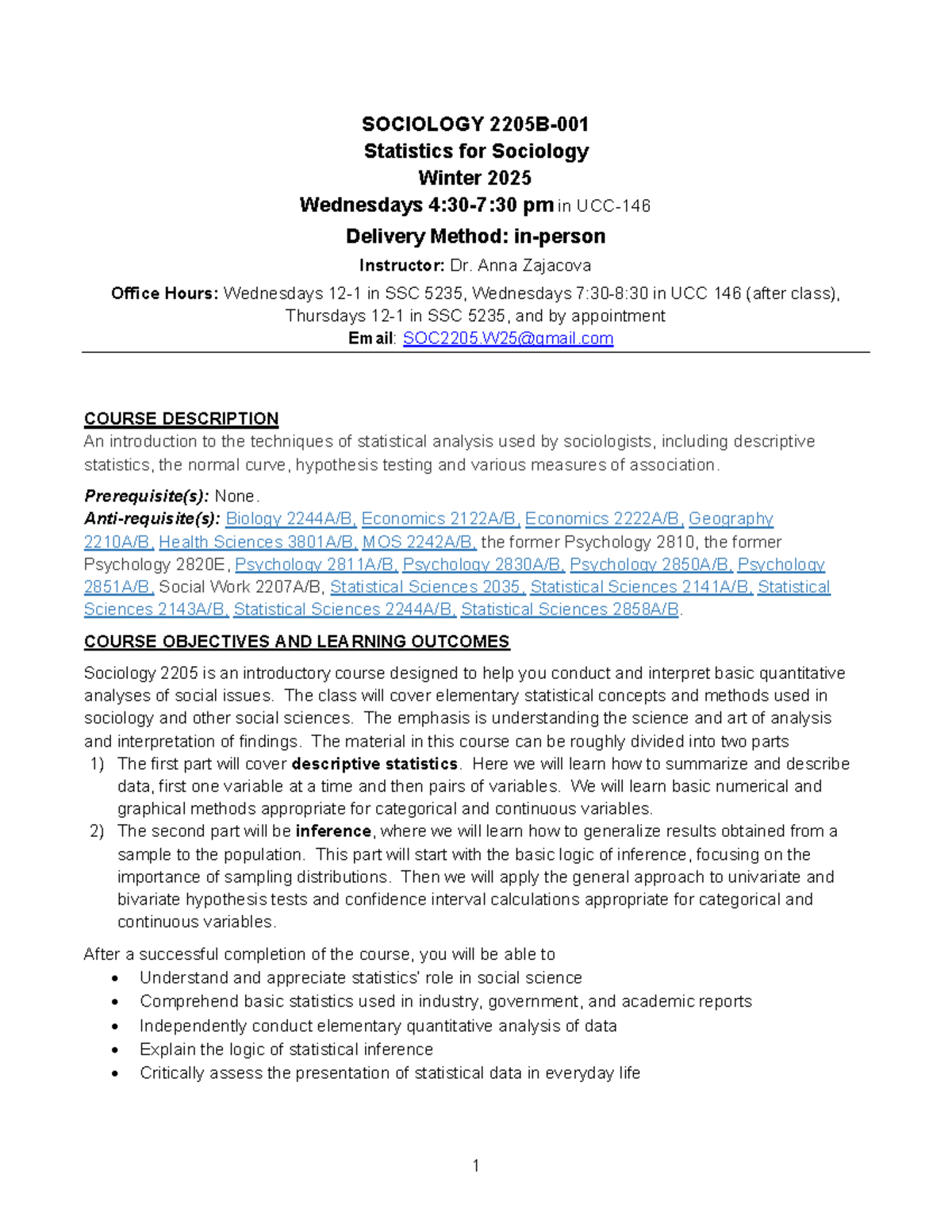 SOC-2205-W25: Statistics for Sociology Syllabus Winter 2025 - Studocu