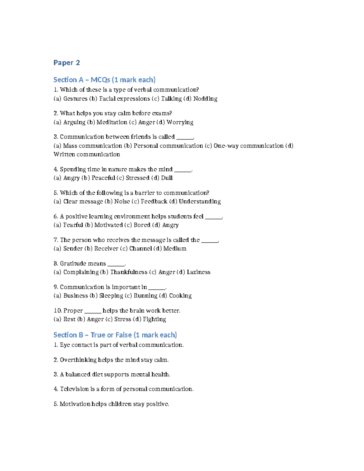 Paper 2 Section A & B MCQs and True/False Questions - Studocu