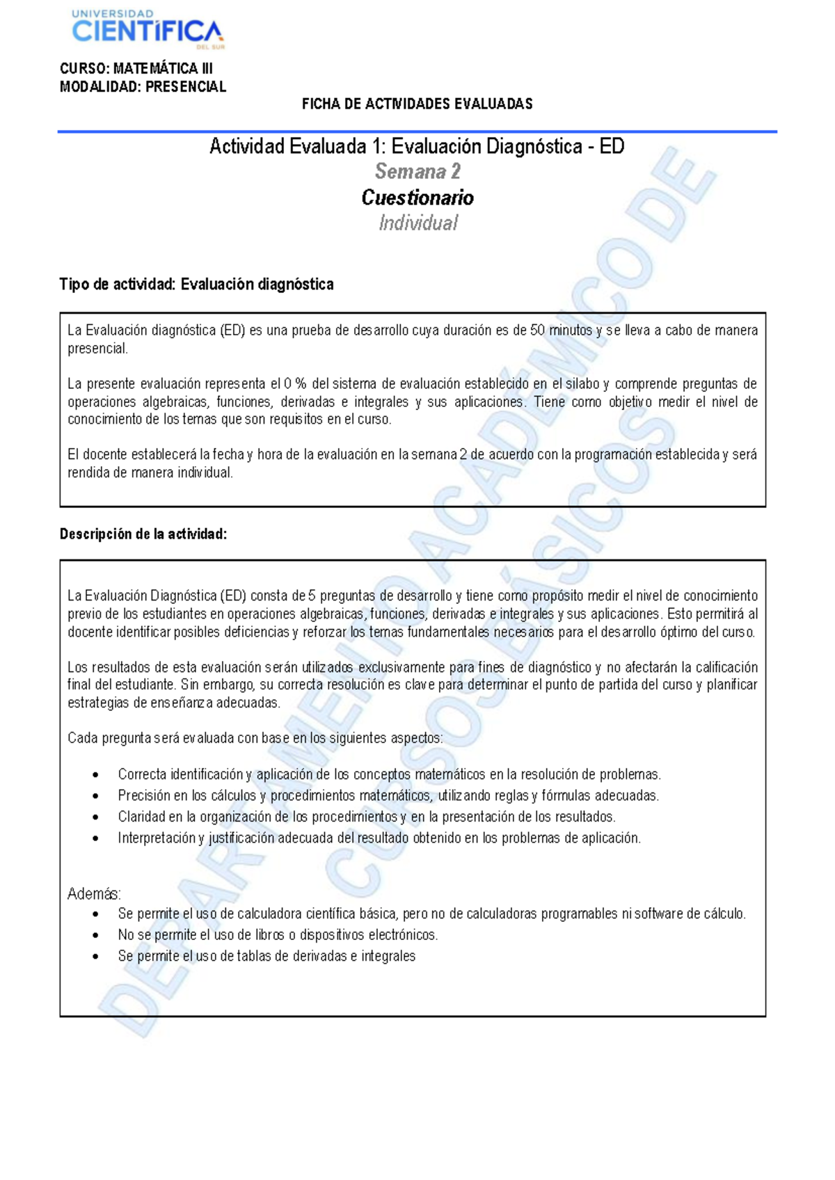 Ficha de Actividades Evaluadas - Matemática III MA 305 - Document Preview