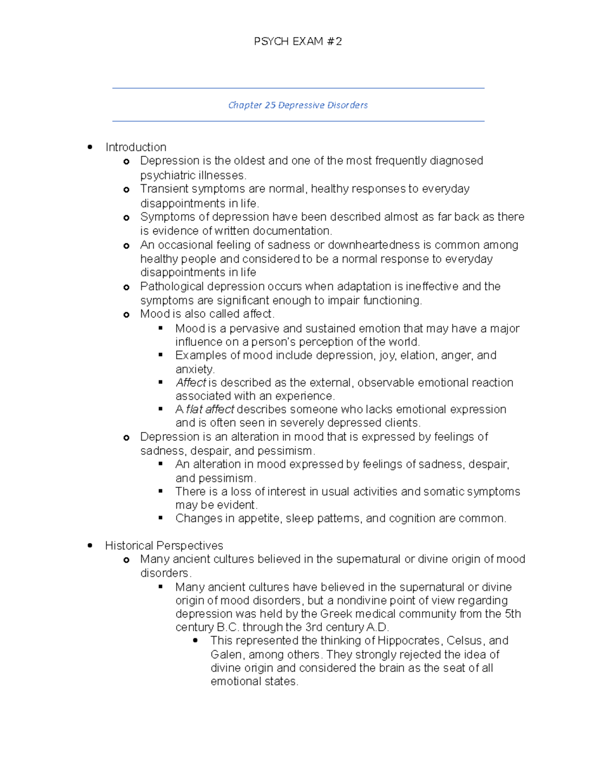 Chapter 25 Depressive Disorders - PSYCH EXAM Chapter 25 Depressive ...