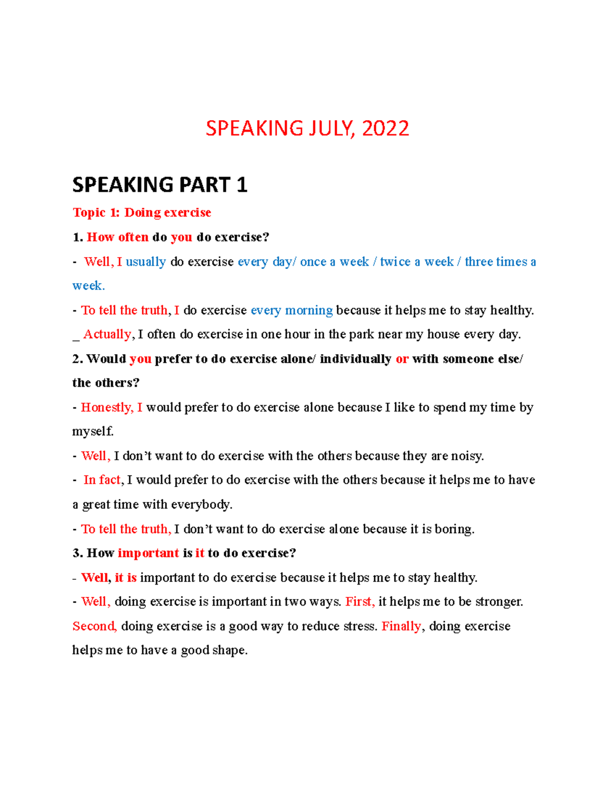 B3 Speaking Practice - Topics and Responses for July 2022 - Studocu