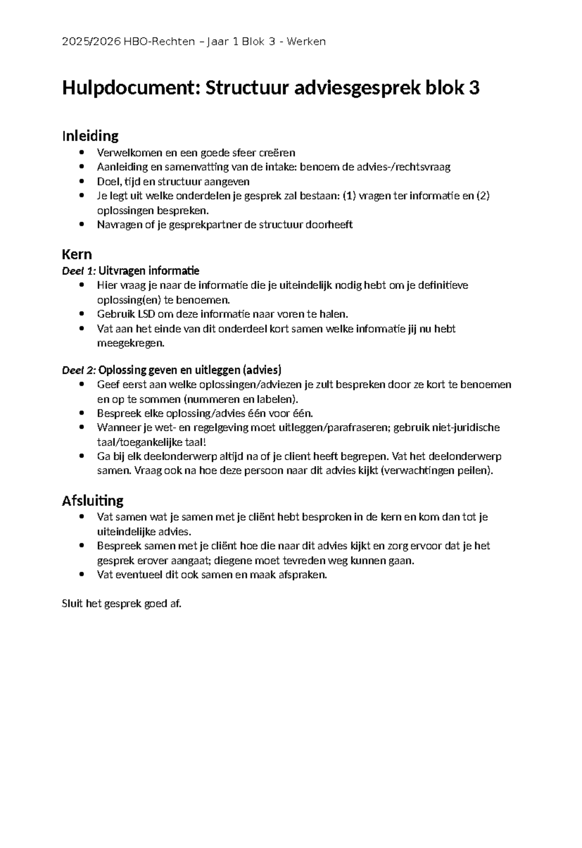 Hulpdocument: Structuur Adviesgesprek Blok 3 - Casus Week 1 - Studeersnel