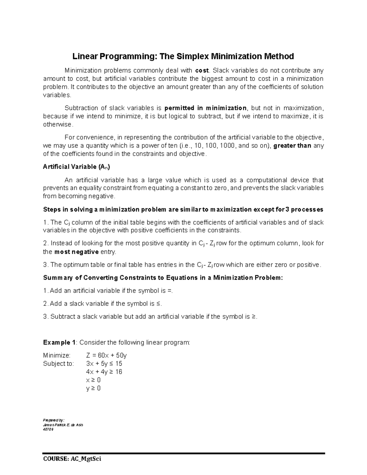AC_MgtSci: Linear Programming - Simplex Method for Minimization - Studocu
