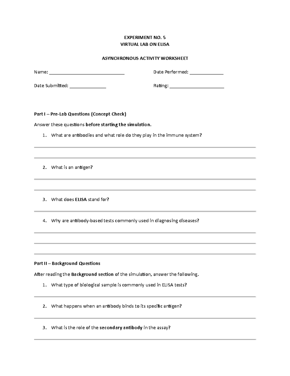 Experiment No. 5: Virtual Lab on ELISA Report Sheet - Studocu