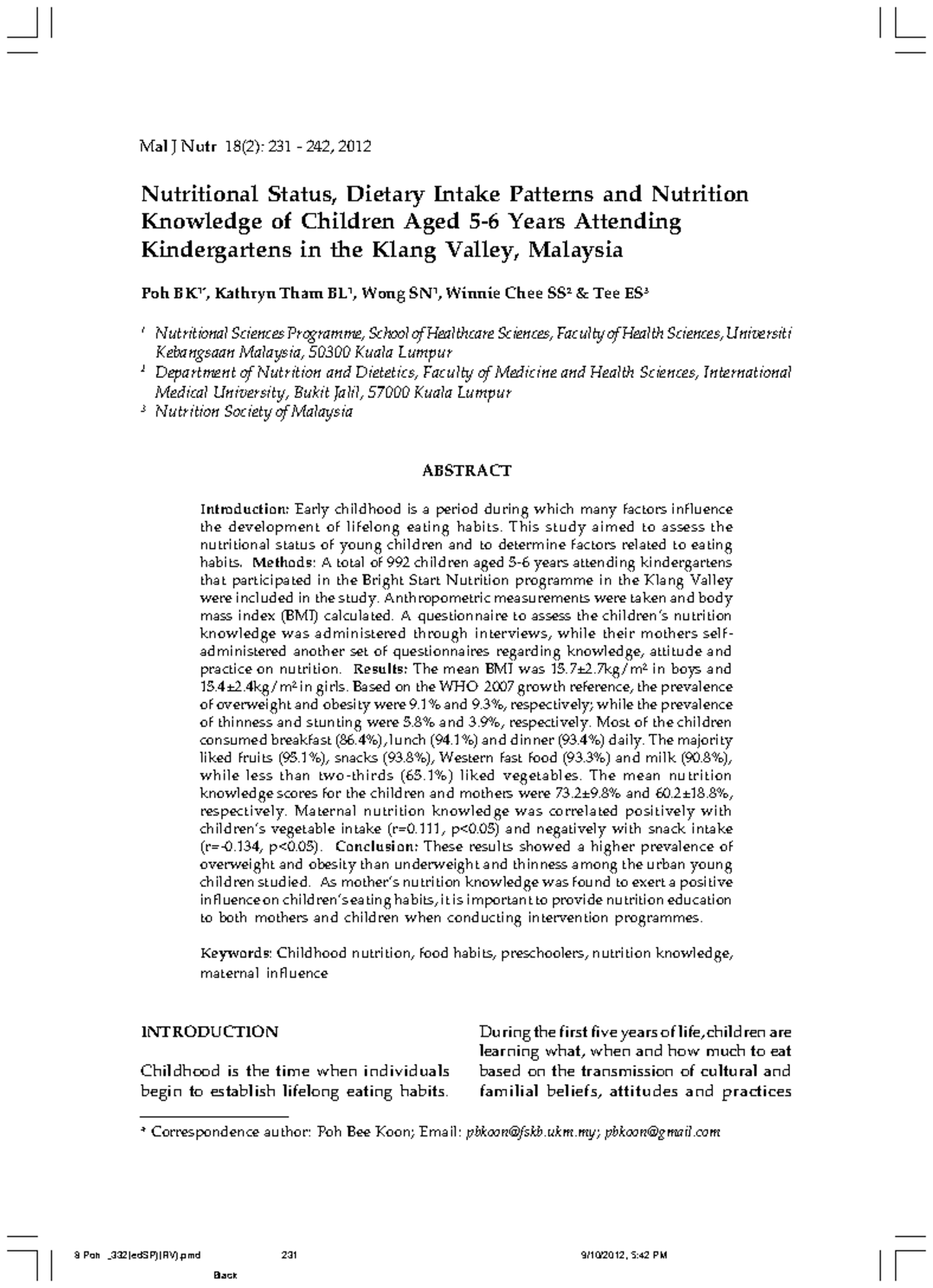Nutritional Status and Dietary Intake Patterns of Preschoolers in Klang ...