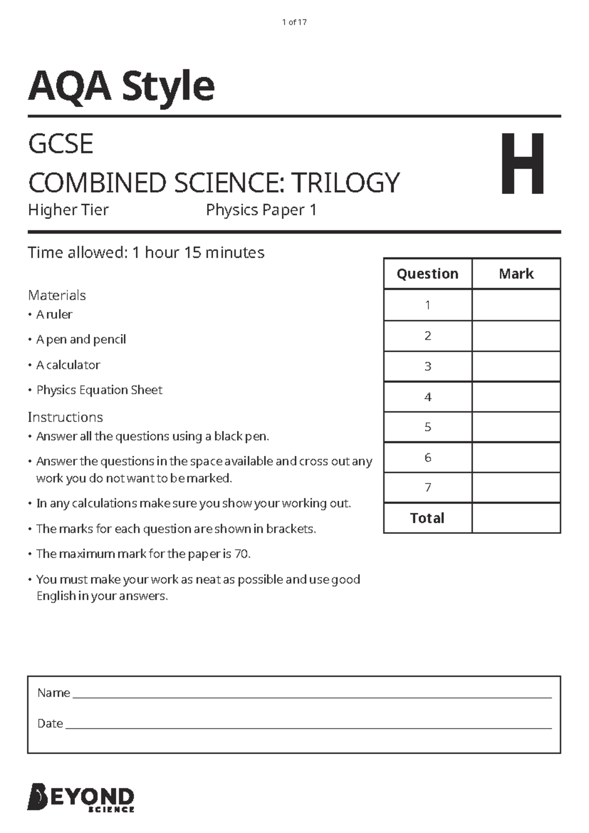 AQA GCSE Combined Science: Physics Paper 1 Higher Tier Questions - Studocu