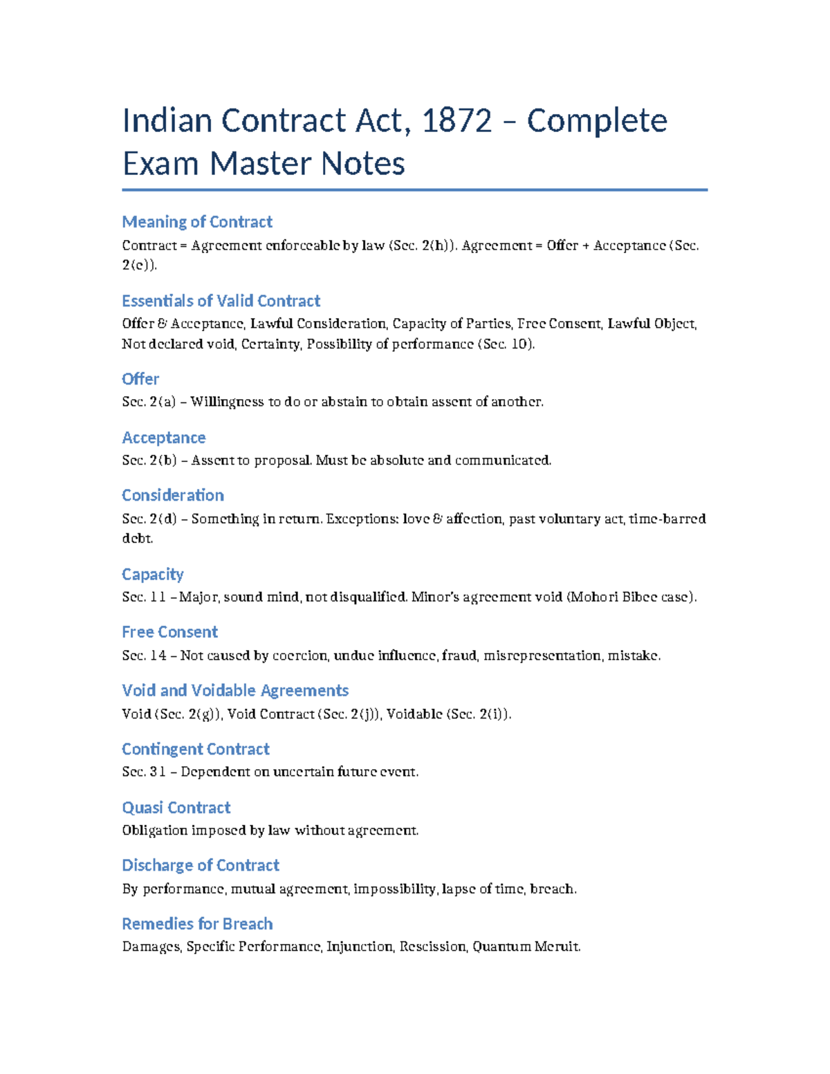 Indian Contract Act, 1872: Complete Exam Master Notes - Studocu