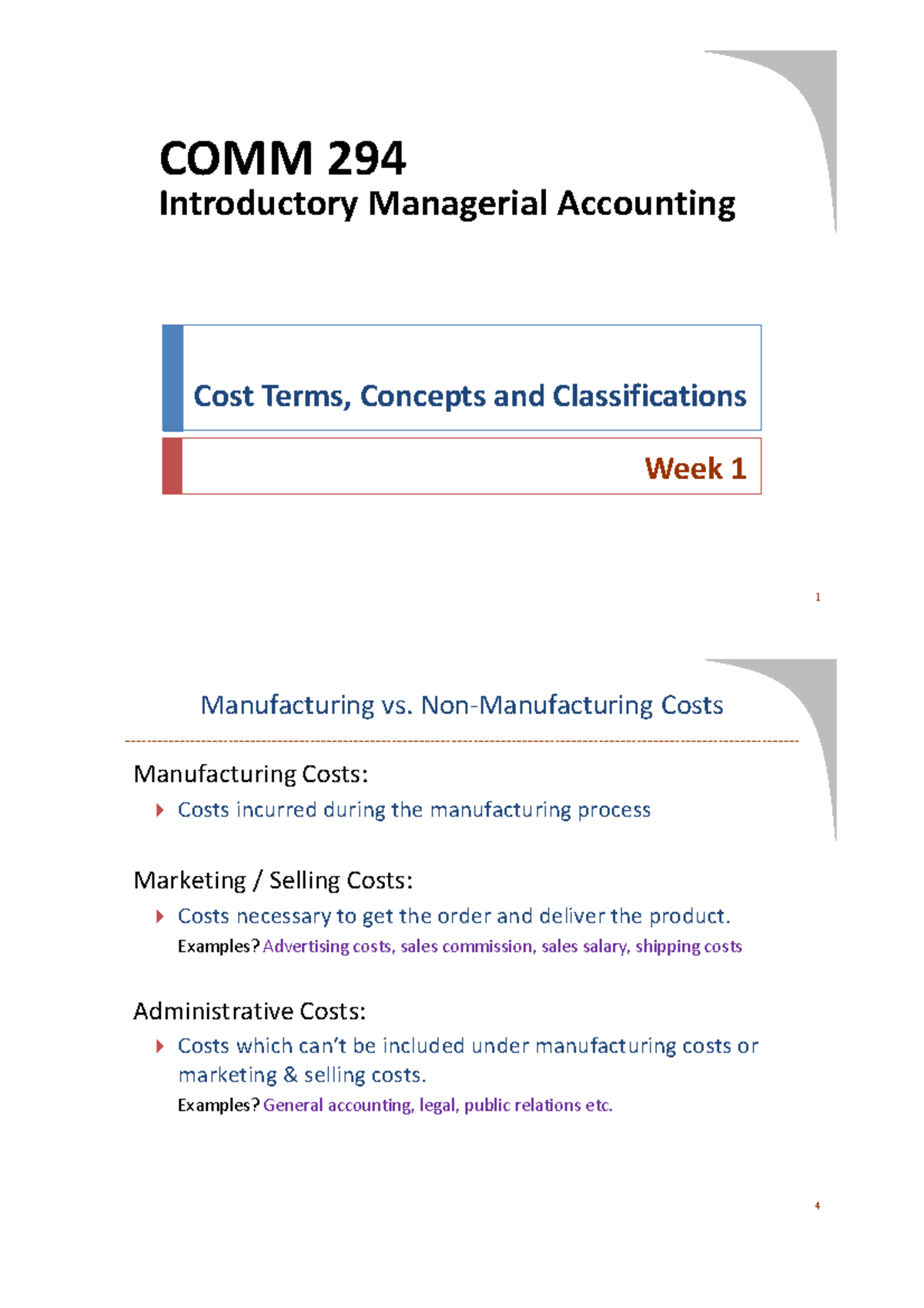 COMM 294 Managerial Accounting Week 1 Notes: Cost Concepts ...