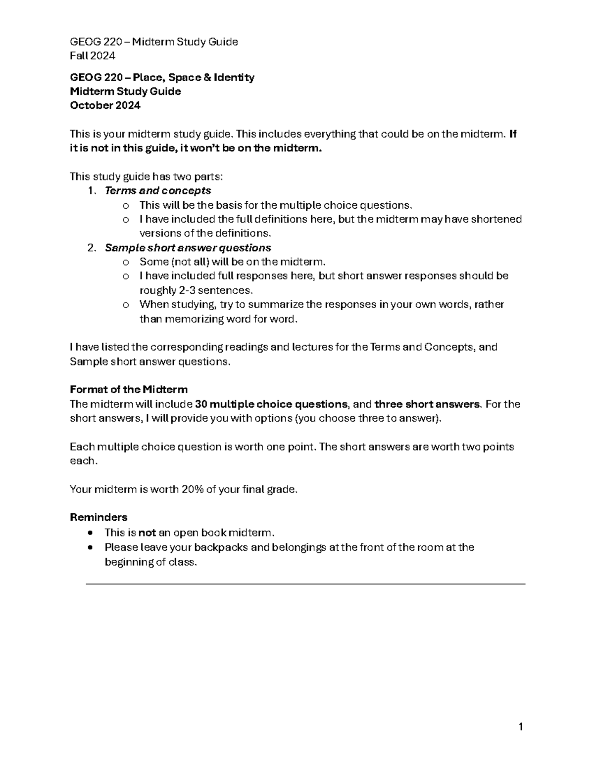 GEOG 220 - Comprehensive Midterm Study Guide for Fall 2024 - Studocu