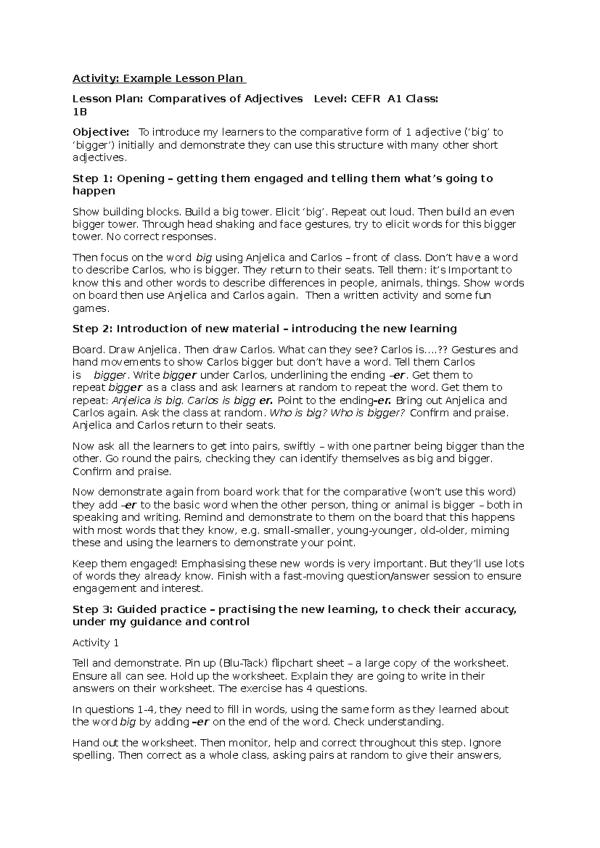 Example Lesson Plan: Comparatives of Adjectives (TEFL A1) - Studocu