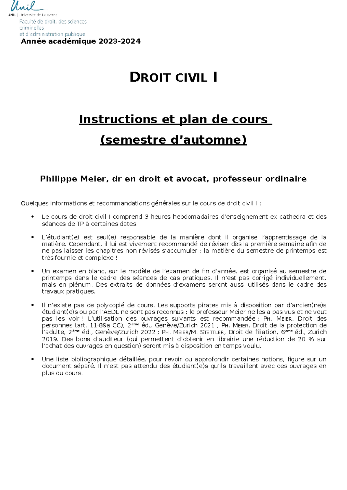 DROIT CIVIL I - Instructions et Plan de Cours Automne 2023-2024 - Studocu