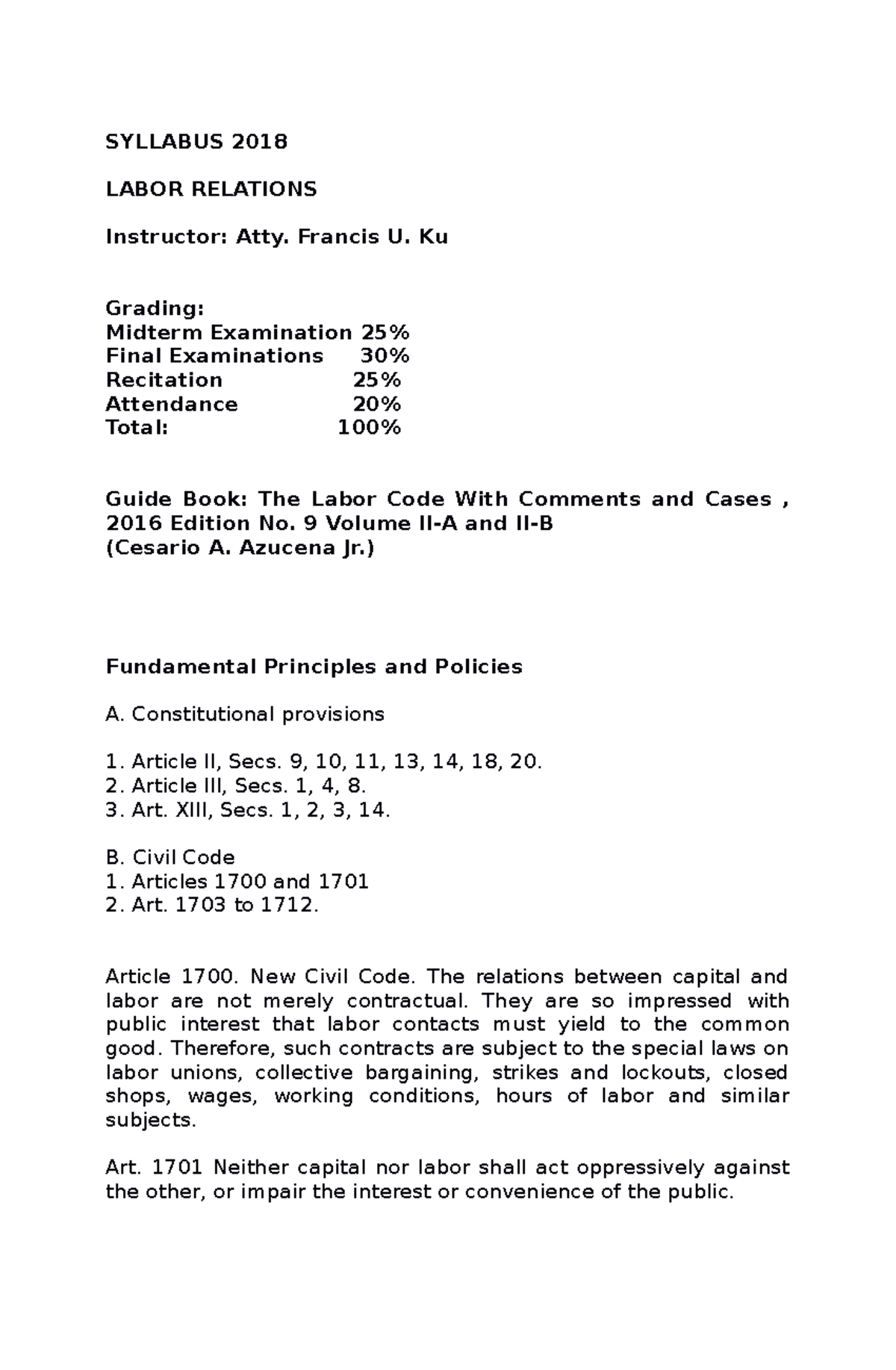 Labor Law Syllabus 2018: Key Topics and Assessment Breakdown - Studocu