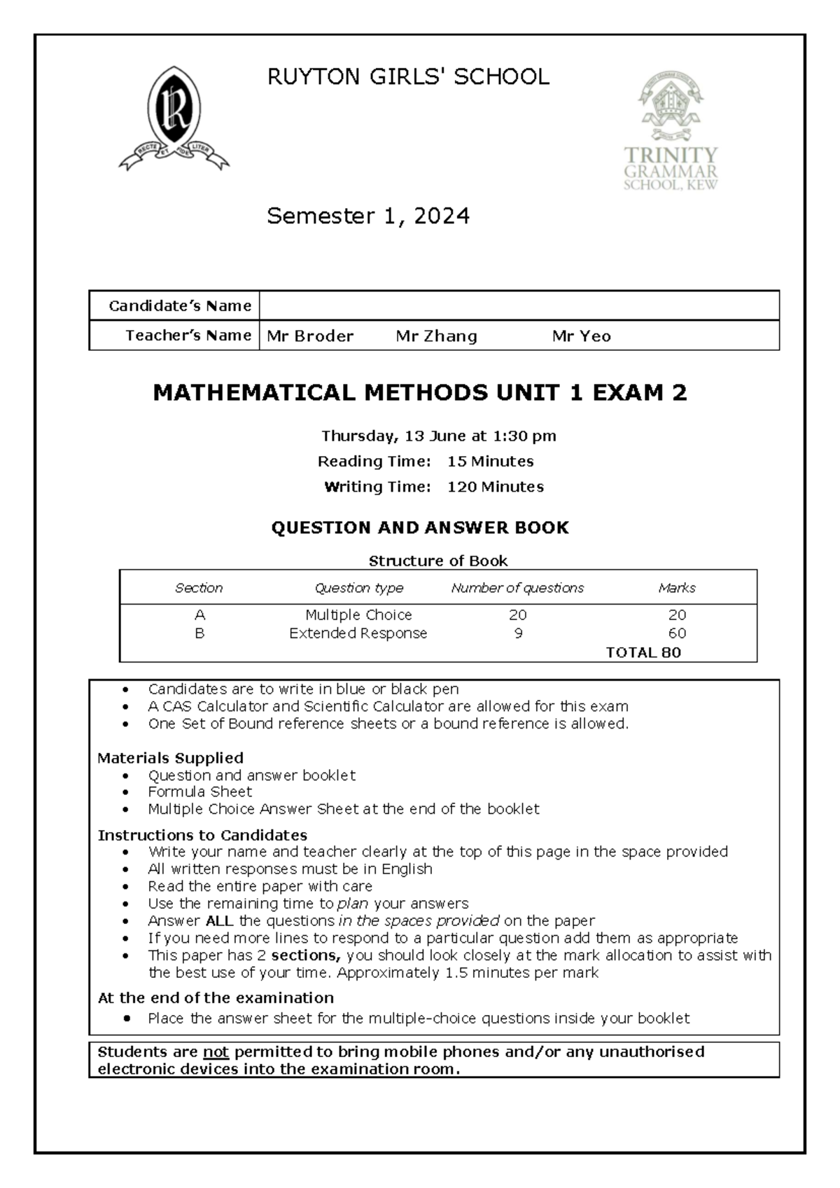 S124 Mathematical Methods Unit 1 Exam 2 - Ruyton School 2024 - Studocu