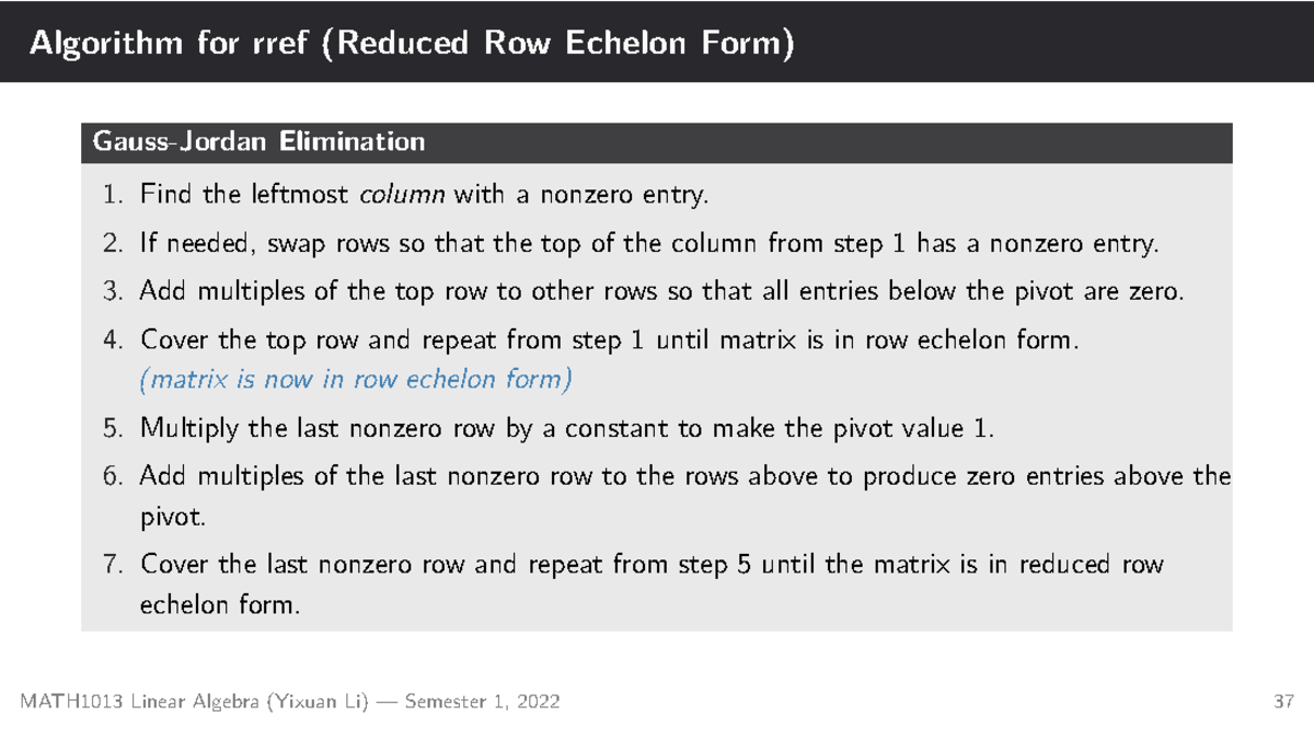 MATH1013 Linear Algebra Lecture 3: RREF Elimination Method Notes - Studocu