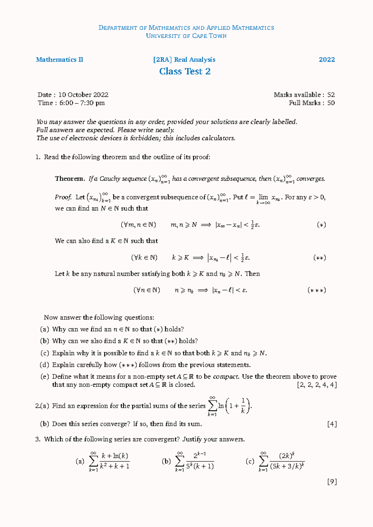 Real Analysis II (MATH202) Test 2 Past Paper - 2022 - Studocu