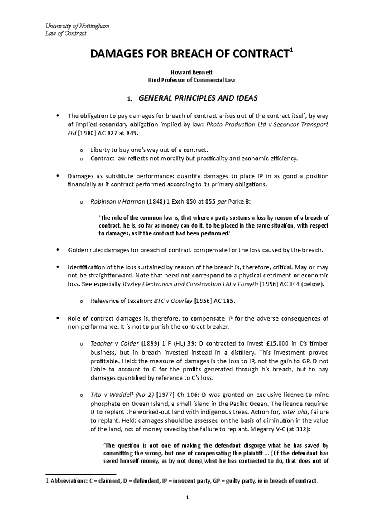 Remedies in Contract Law (14Law 2019-2020) - Damages for Breach - Studocu