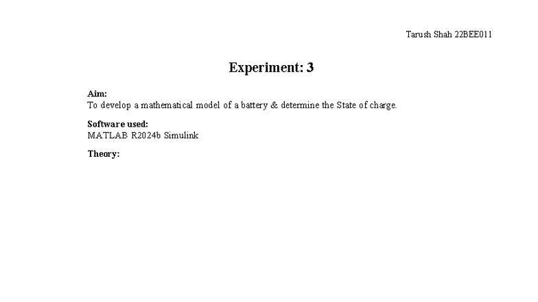 Experiment 3 Report: Battery SoC & DoD Modeling in MATLAB (22BEE011 ...