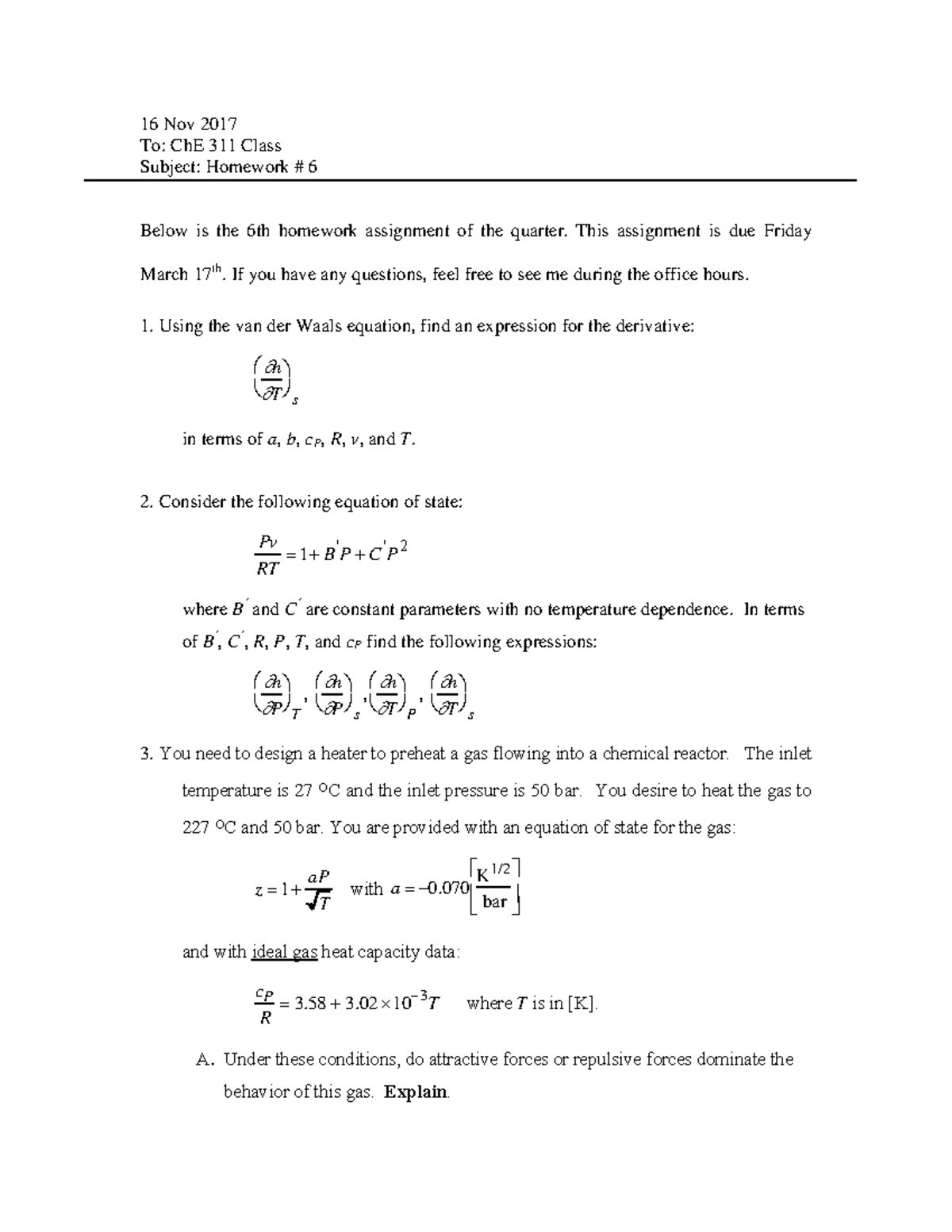 Ch E 311 HW6 - Detailed Problem Solutions and Guidelines - Studocu