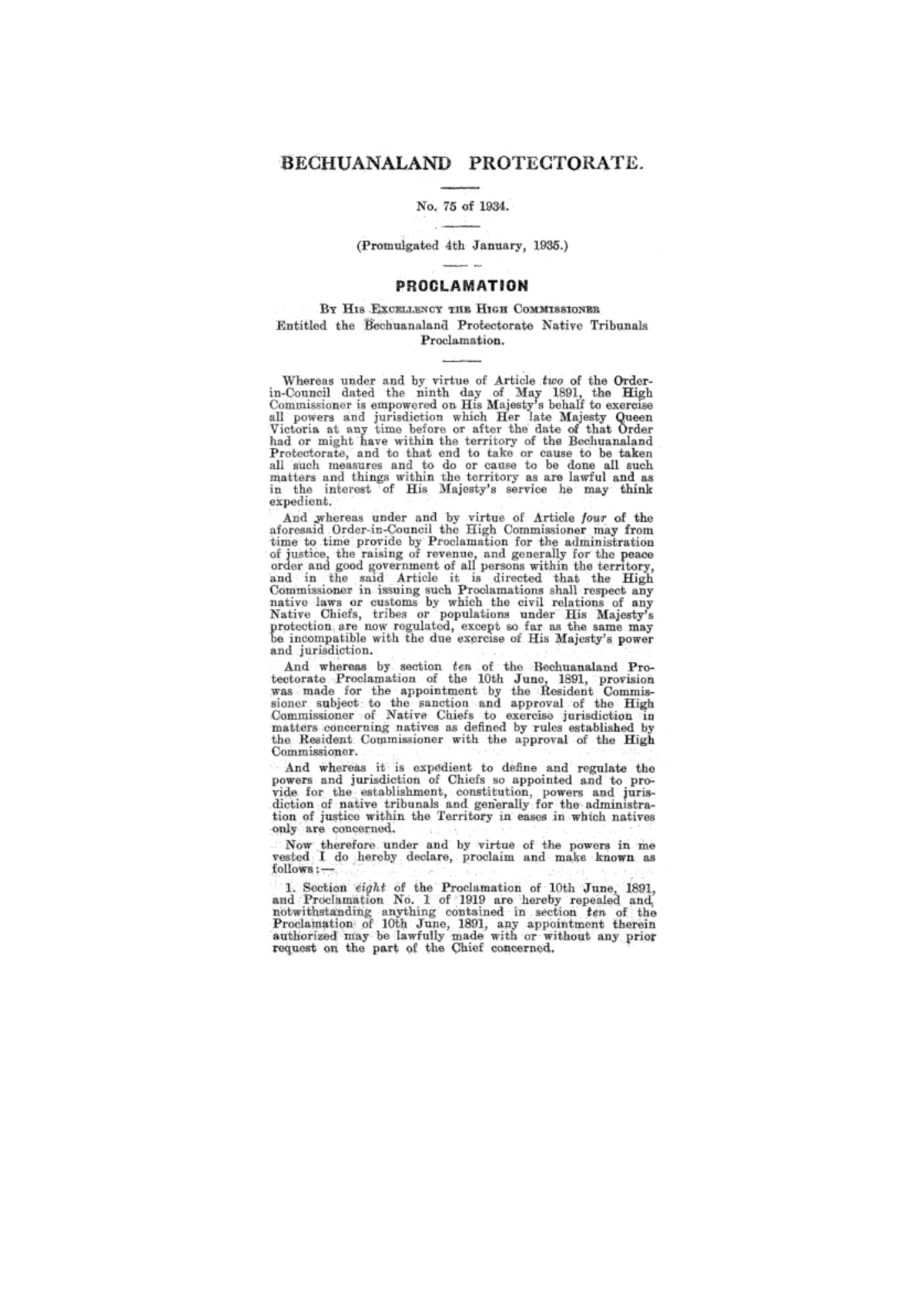Proclamation No. 75 of 1934: Beehuanaland Native Tribunals - Studocu