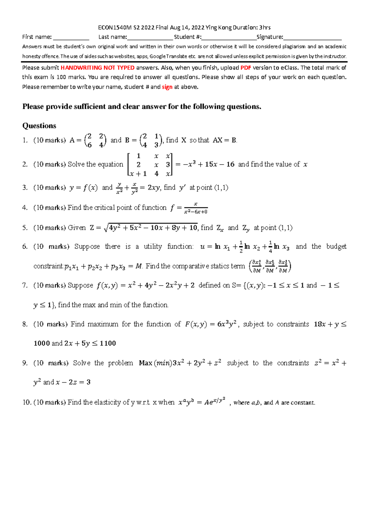 ECON1540M 2022 S2 Final Exam Paper with Questions and Guidelines - Studocu