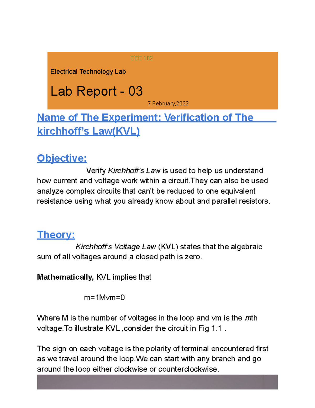 EEE 102 Lab Report: Verification of Kirchhoff's Voltage Law (KVL) - Studocu