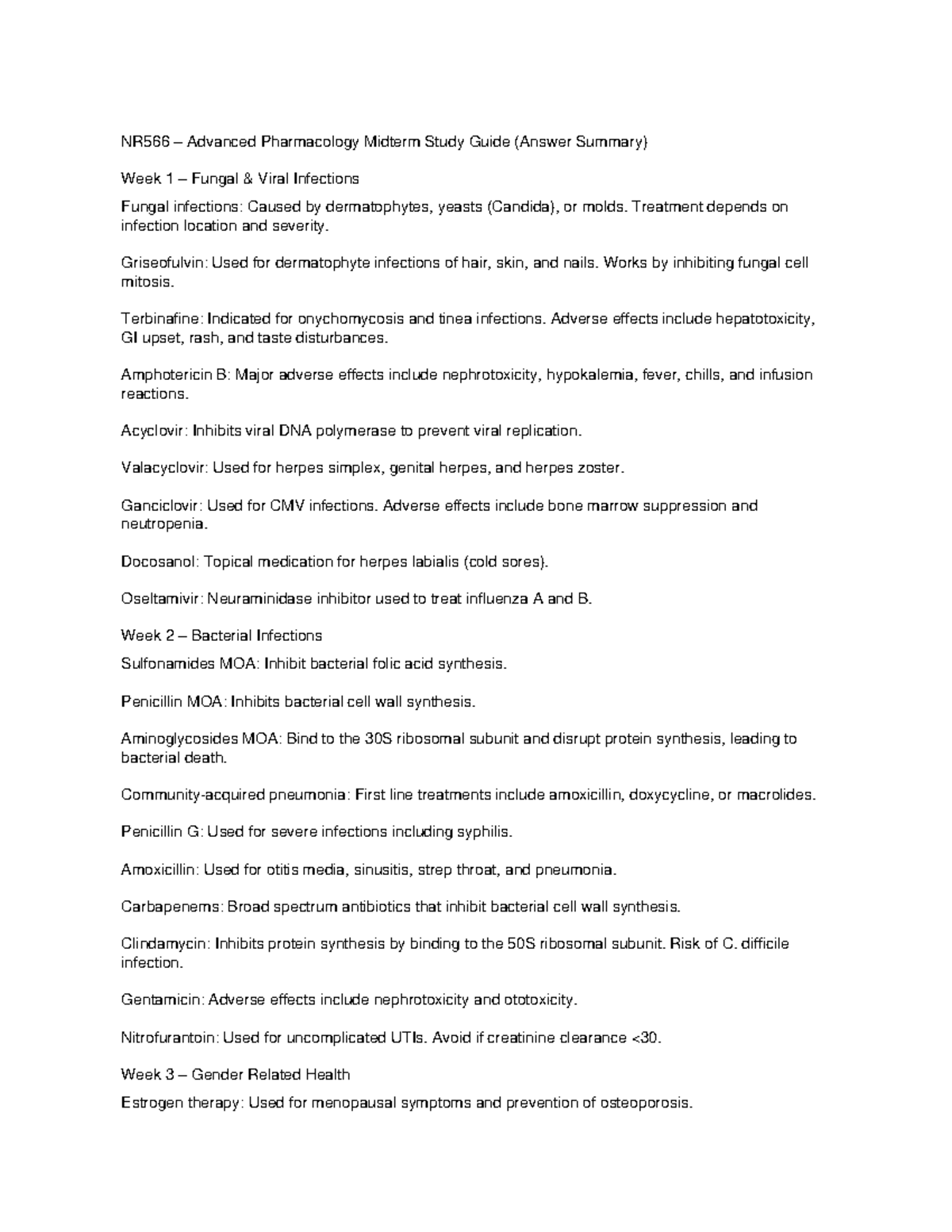 NR566 Advanced Pharmacology Midterm Study Guide Quick Cram - Studocu