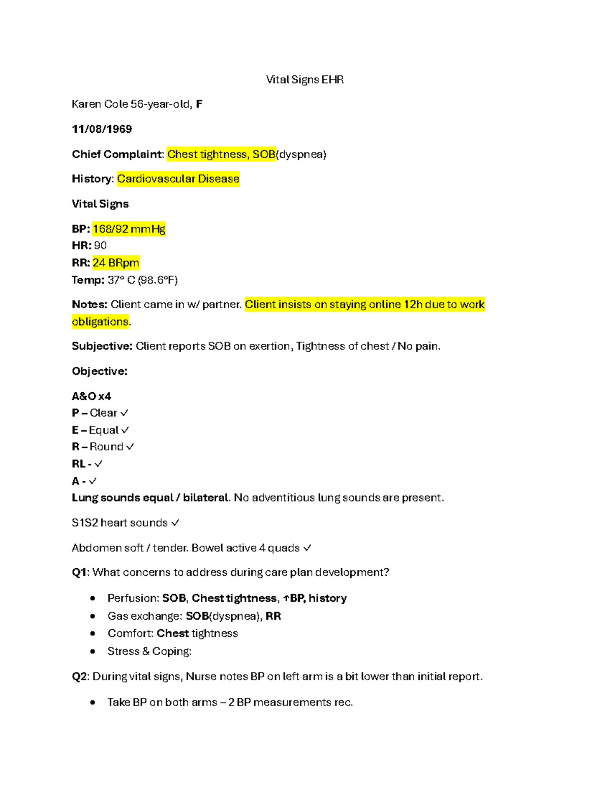 Vital Signs EHR: Chest Tightness & SOB Assessment Notes - Studocu